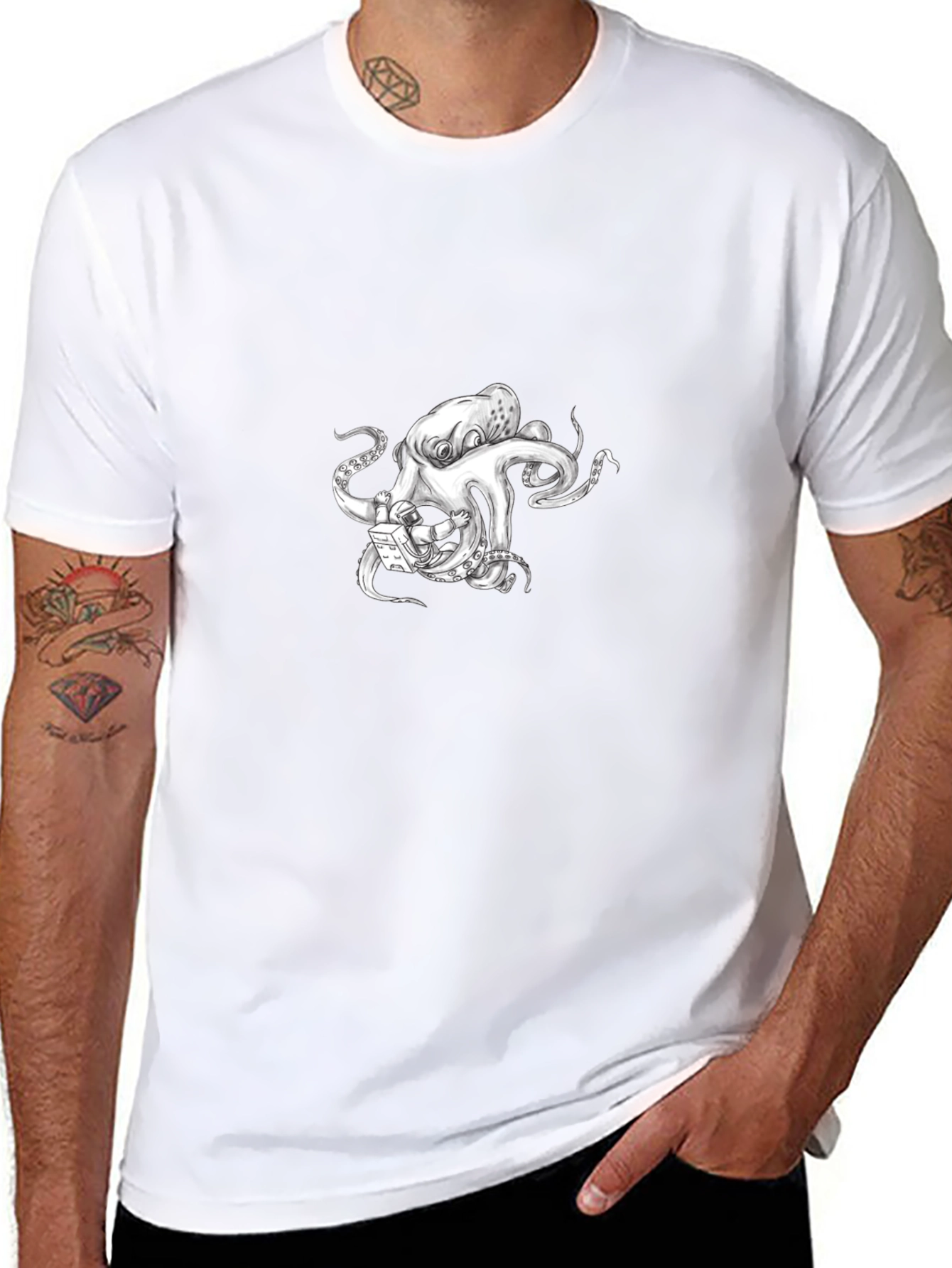 Octopus Astronaut Graphic Tee - Black Cotton T-Shirt