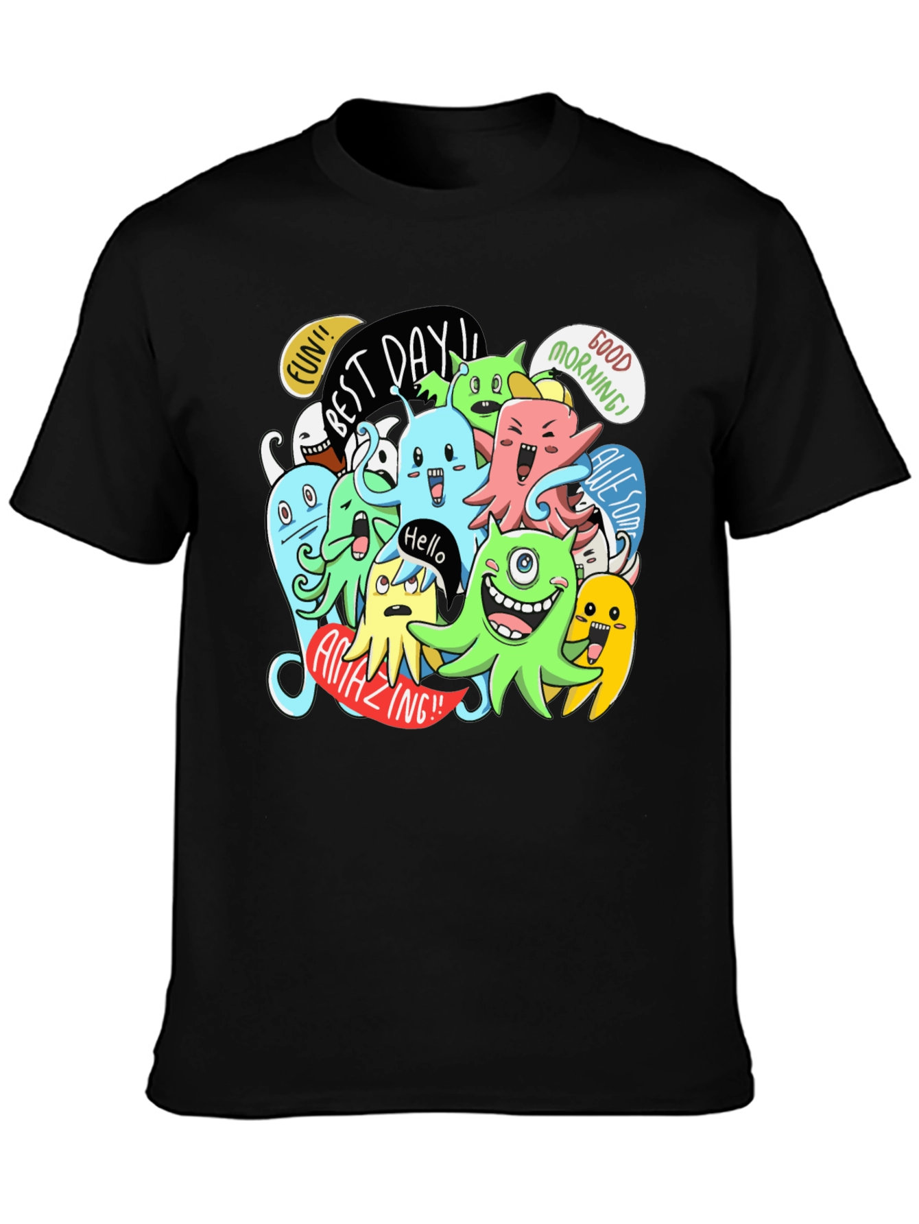 Fun Cartoon Monster Graphic Black T-Shirt