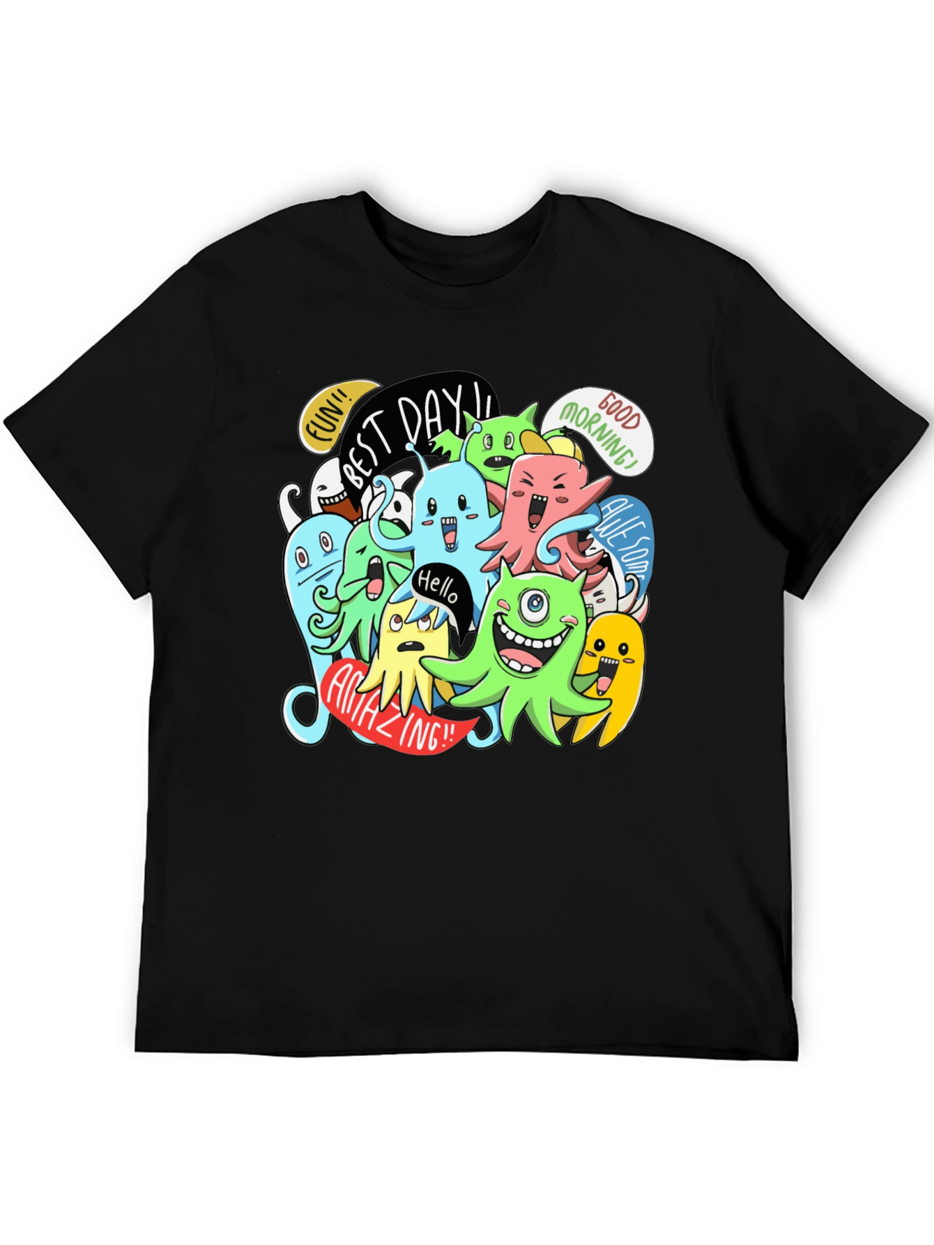 Fun Cartoon Monster Graphic Black T-Shirt
