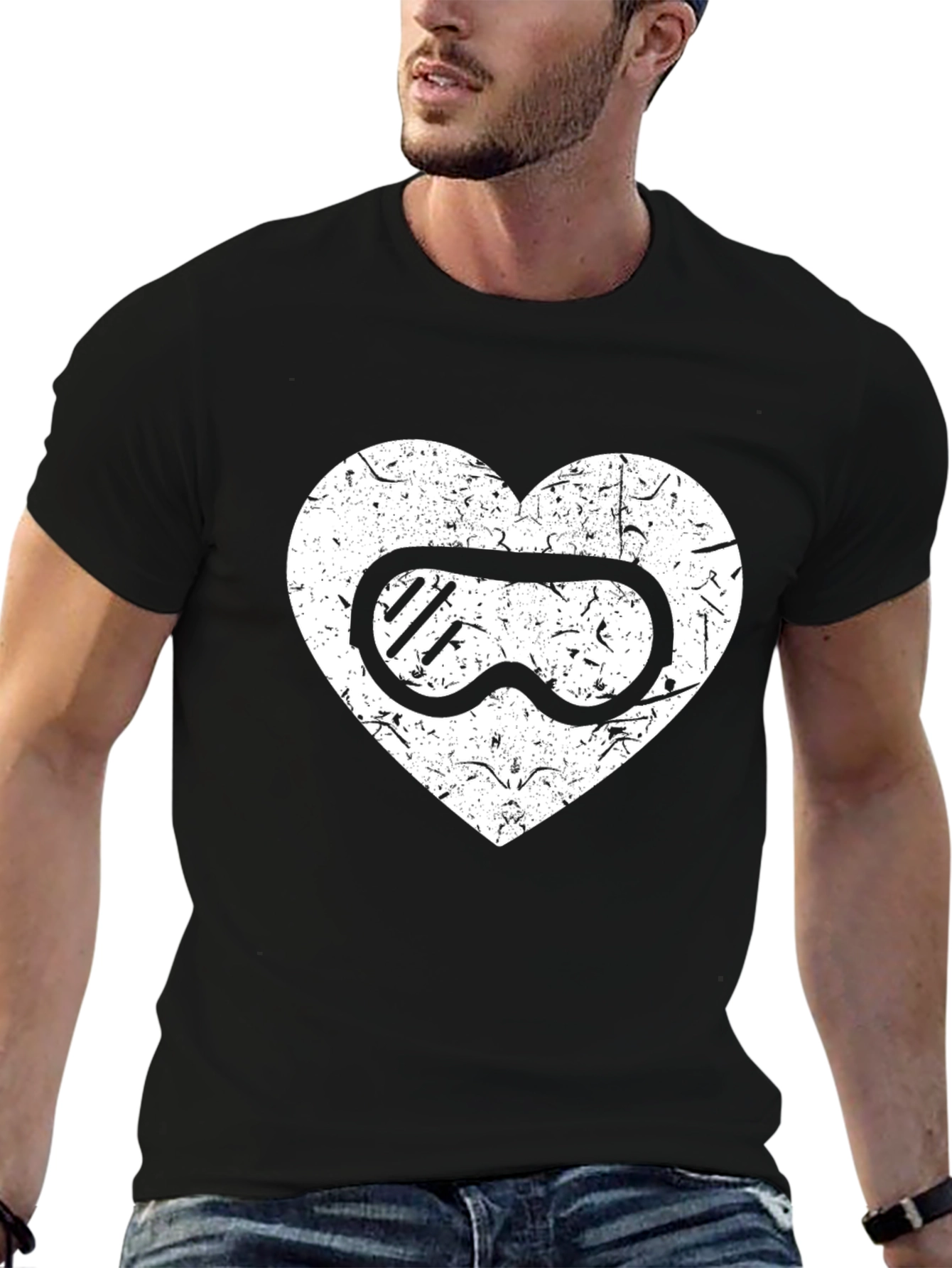Ski Goggles Heart Graphic Tee - Black Casual T-Shirt