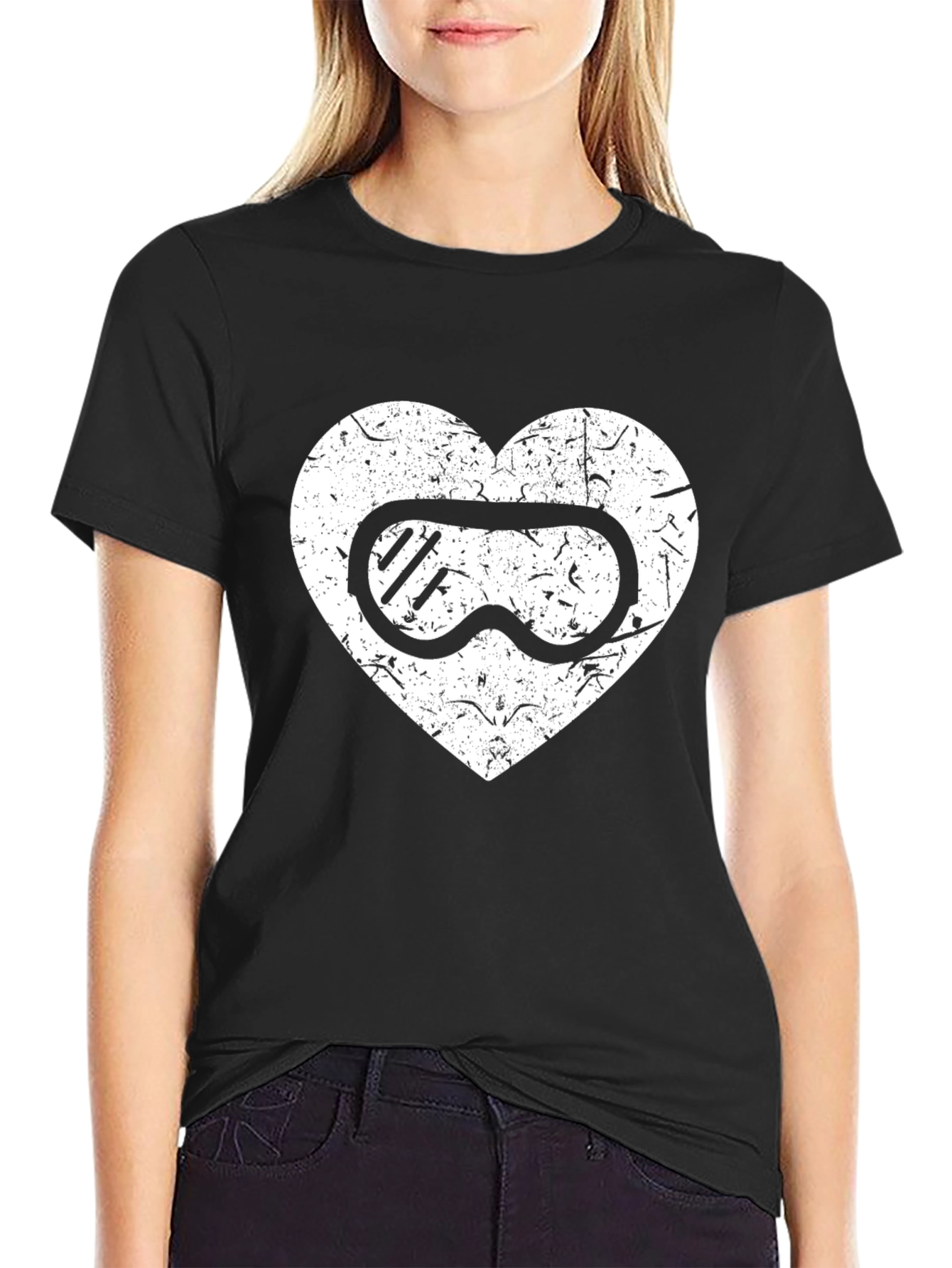 Ski Goggles Heart Graphic Tee - Black Casual T-Shirt