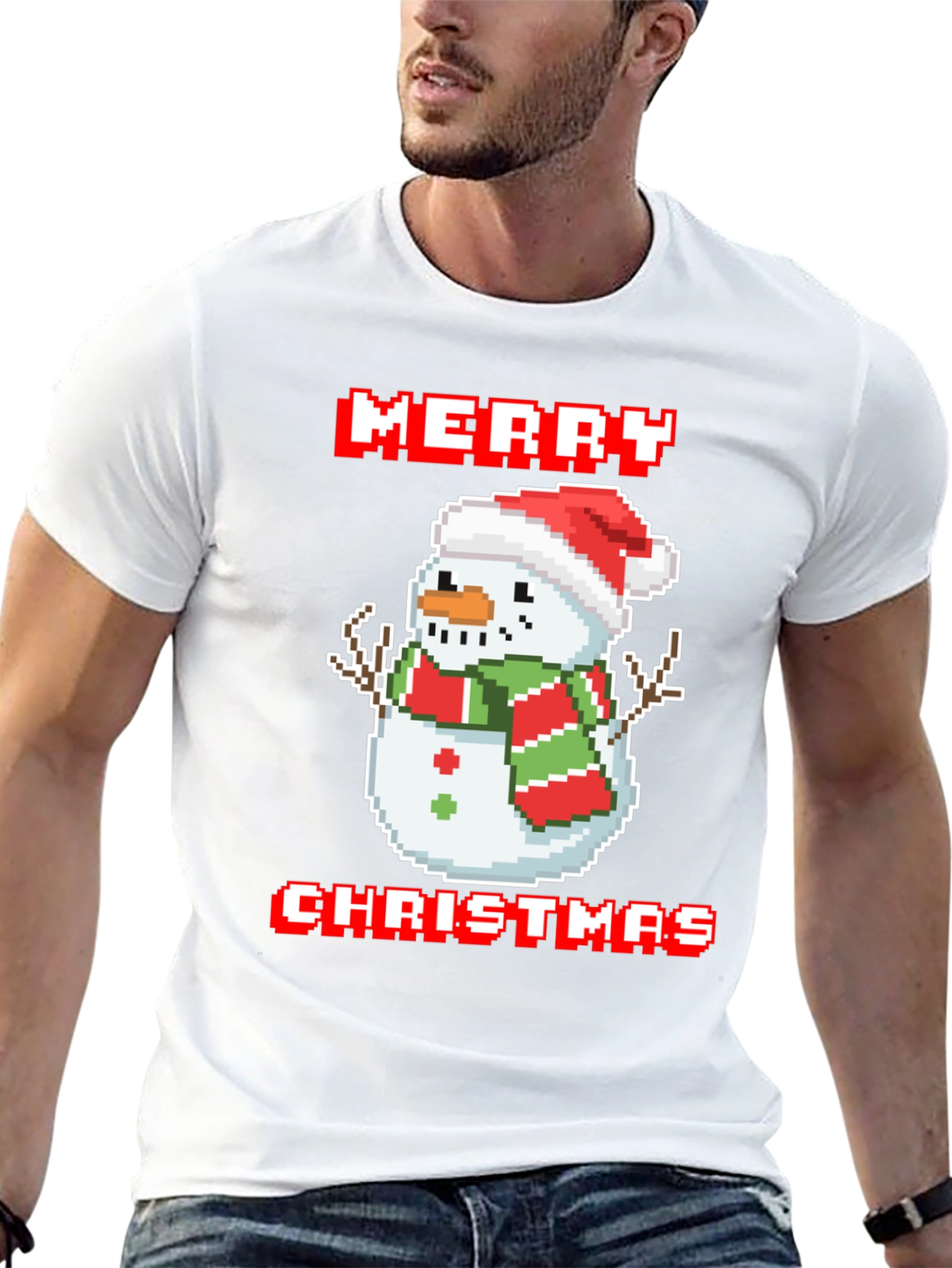 Merry Christmas Pixel Snowman T-Shirt