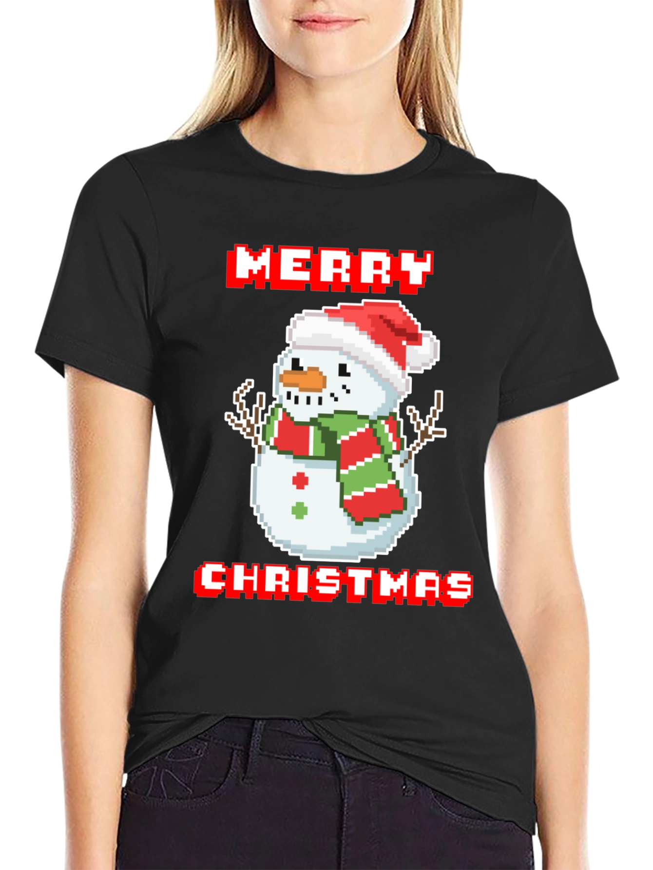 Merry Christmas Pixel Snowman T-Shirt