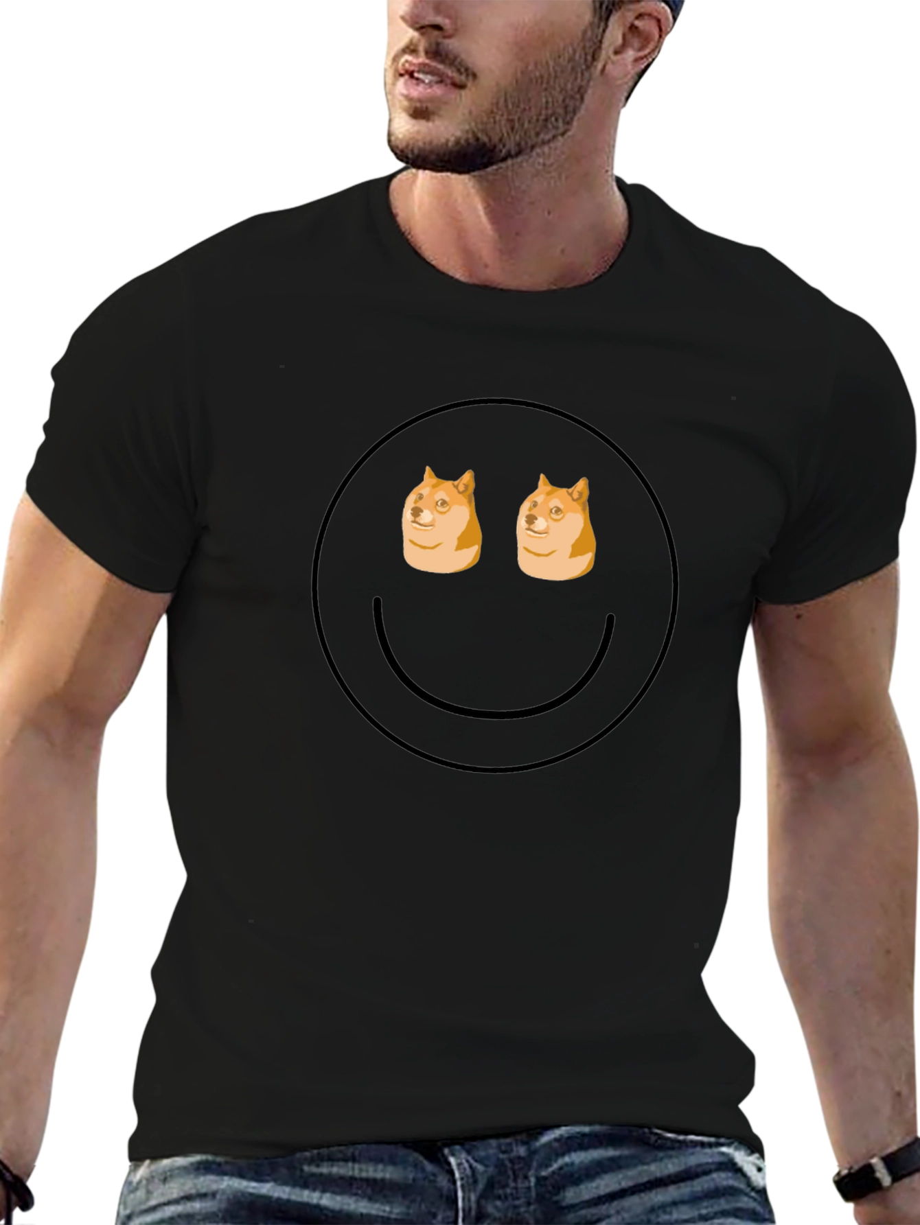 Doge Eyes Smiley Face Black T-Shirt