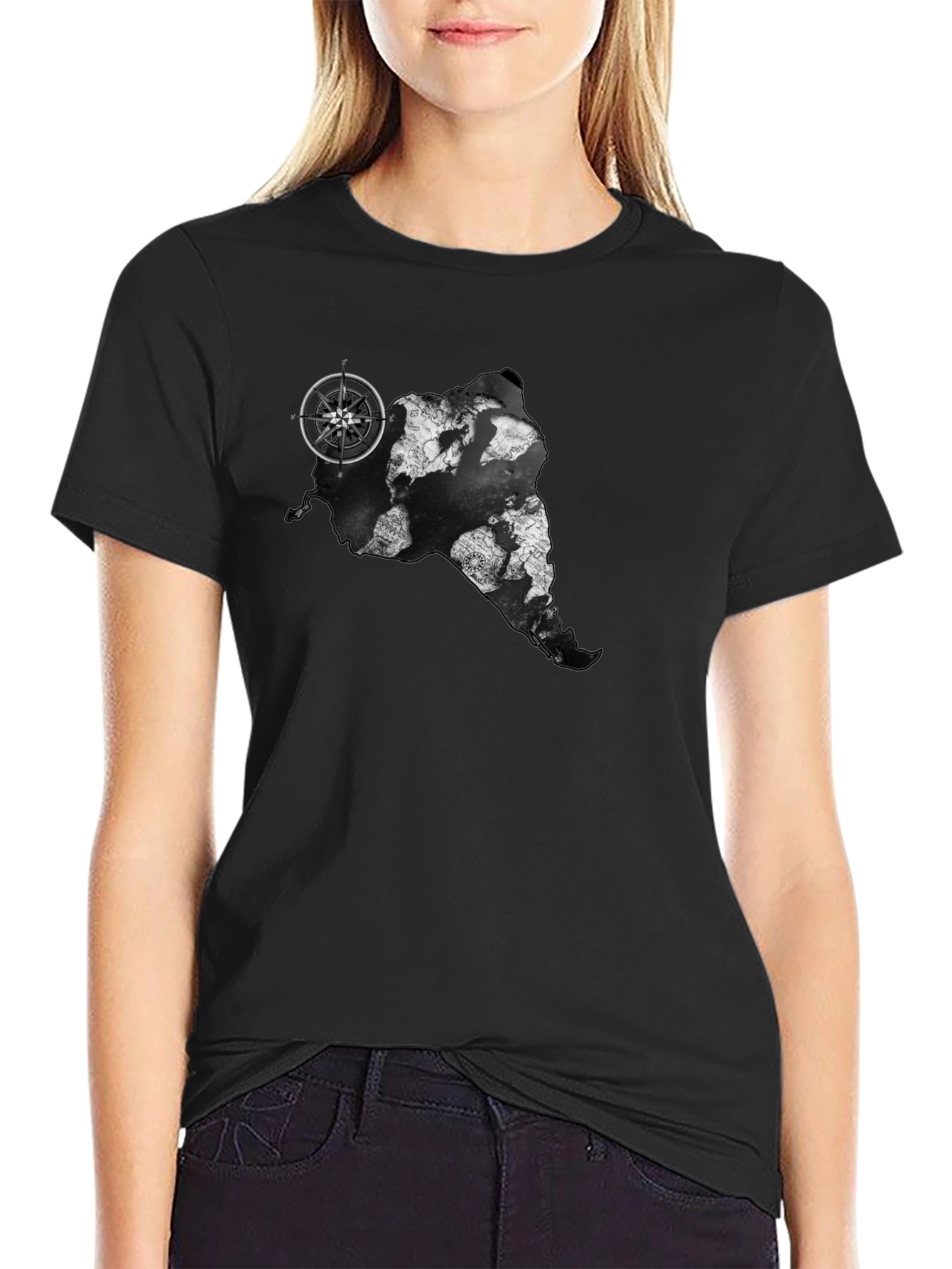 Adventure Awaits Tee - Map Compass Graphic Black T-Shirt