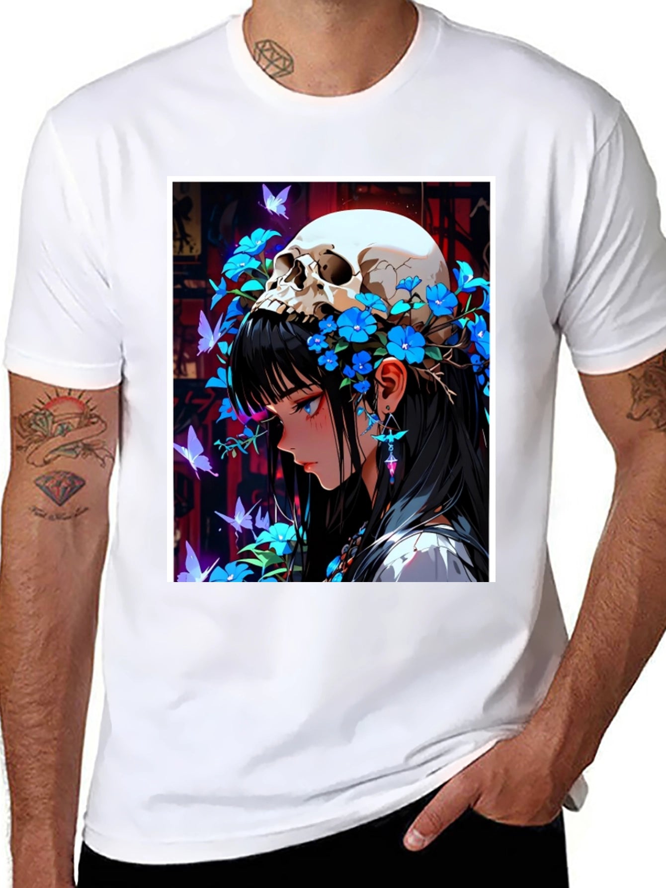 Anime Skull Girl Graphic Tee - Black