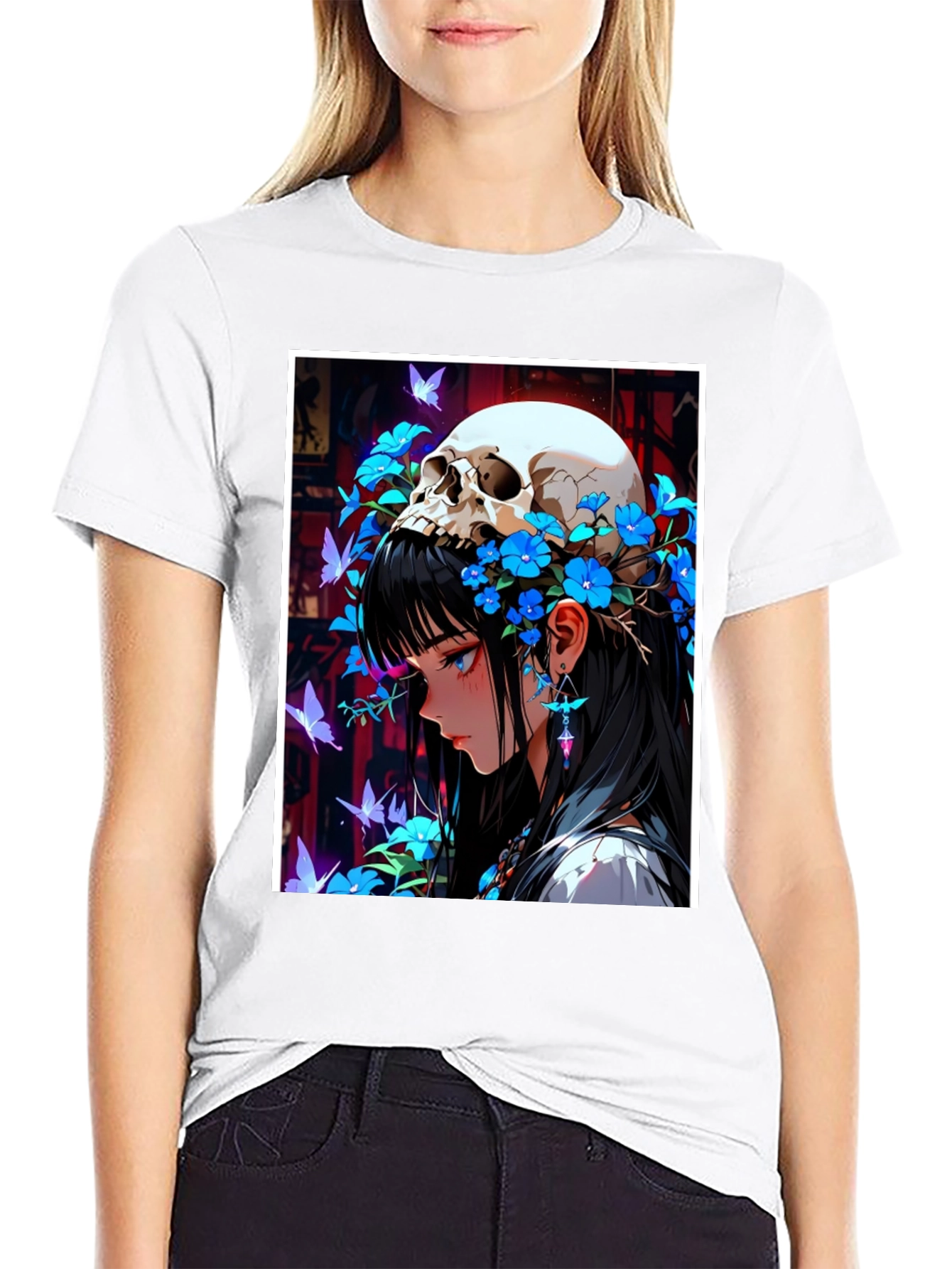 Anime Skull Girl Graphic Tee - Black