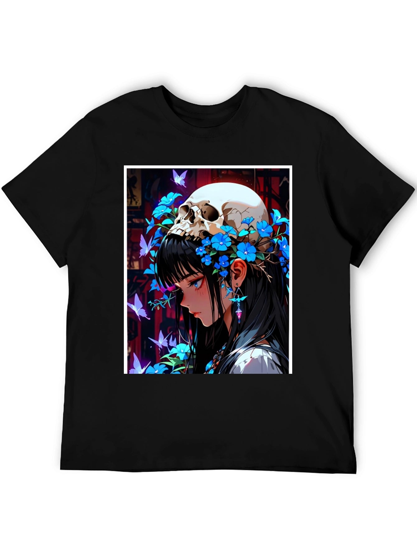 Anime Skull Girl Graphic Tee - Black