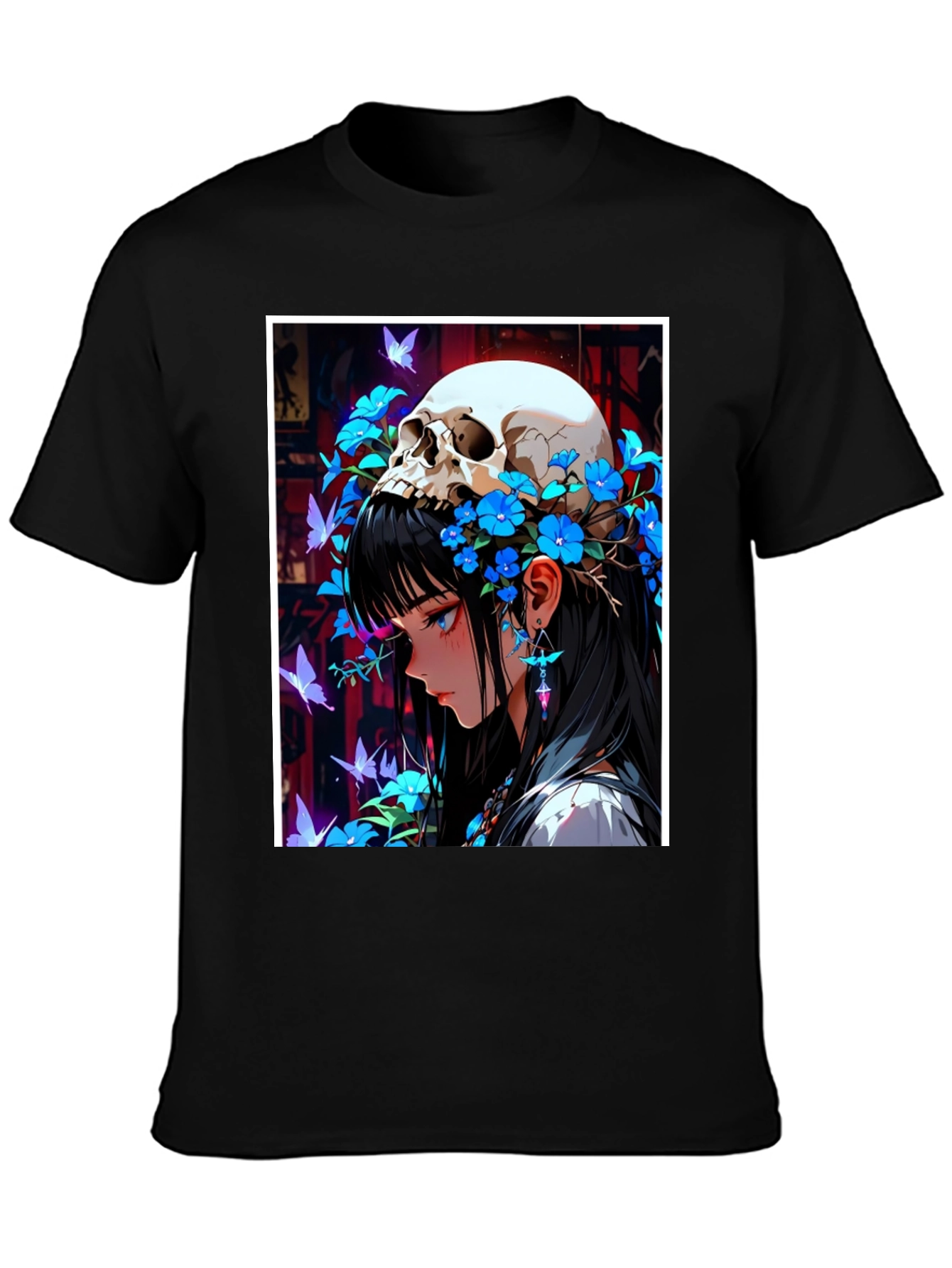 Anime Skull Girl Graphic Tee - Black