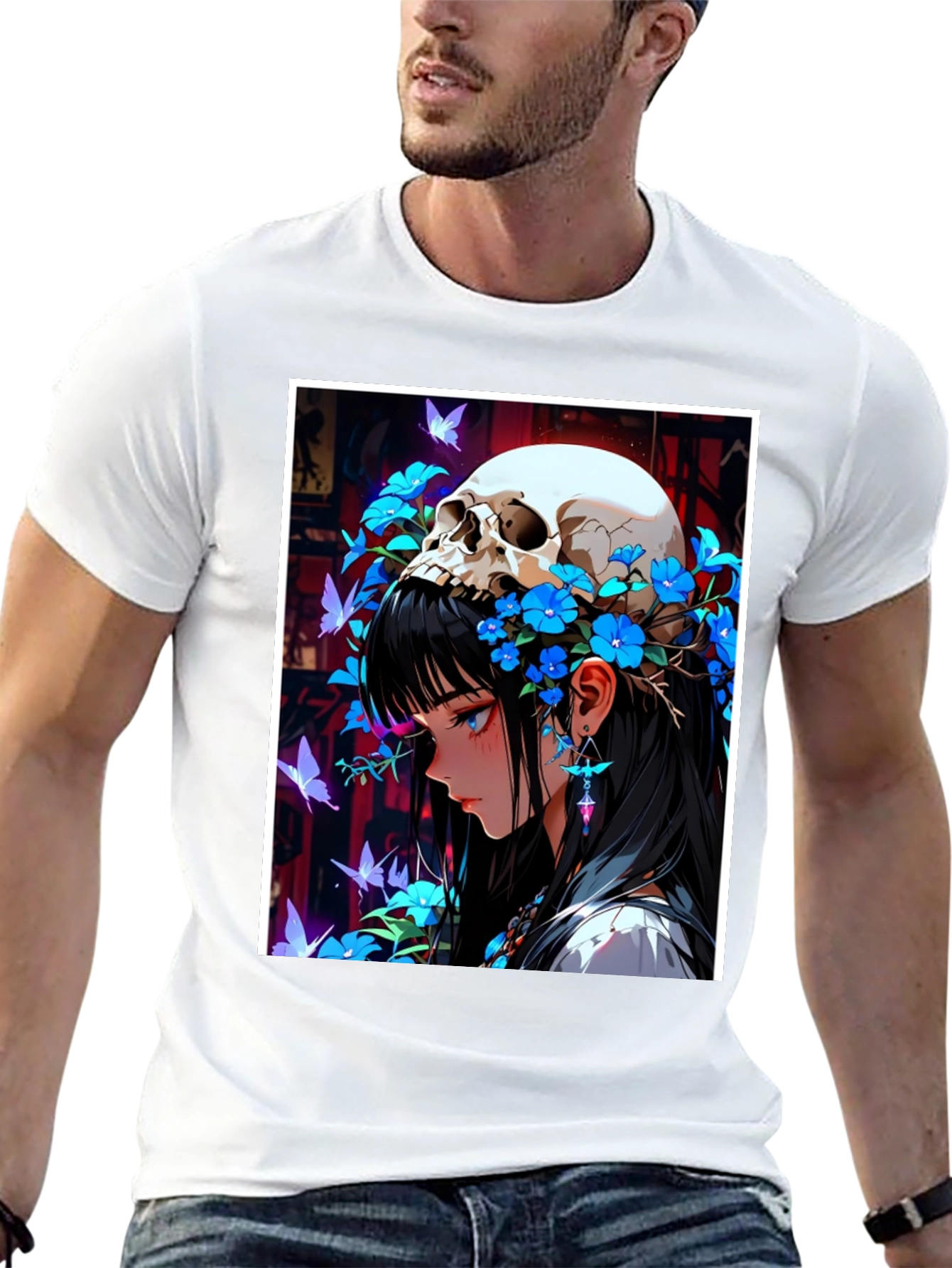 Anime Skull Girl Graphic Tee - Black