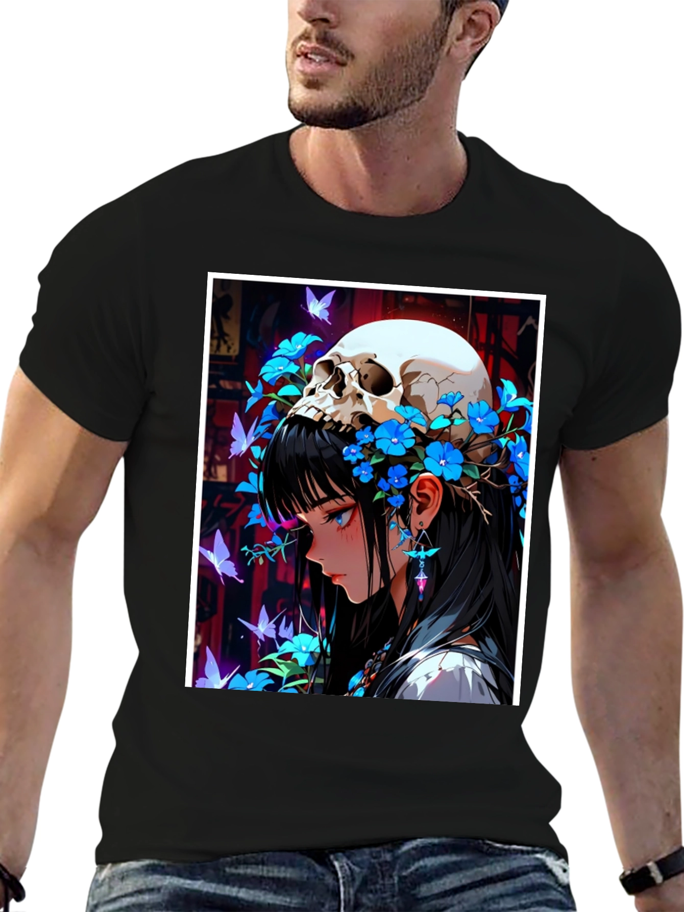 Anime Skull Girl Graphic Tee - Black