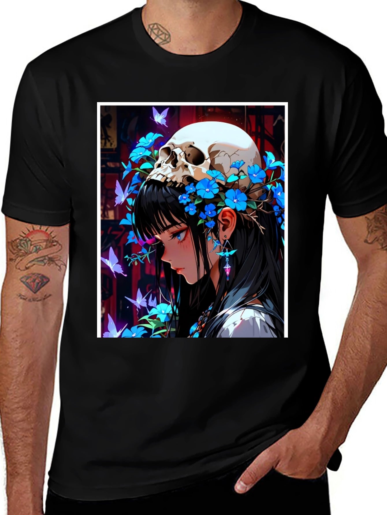 Anime Skull Girl Graphic Tee - Black
