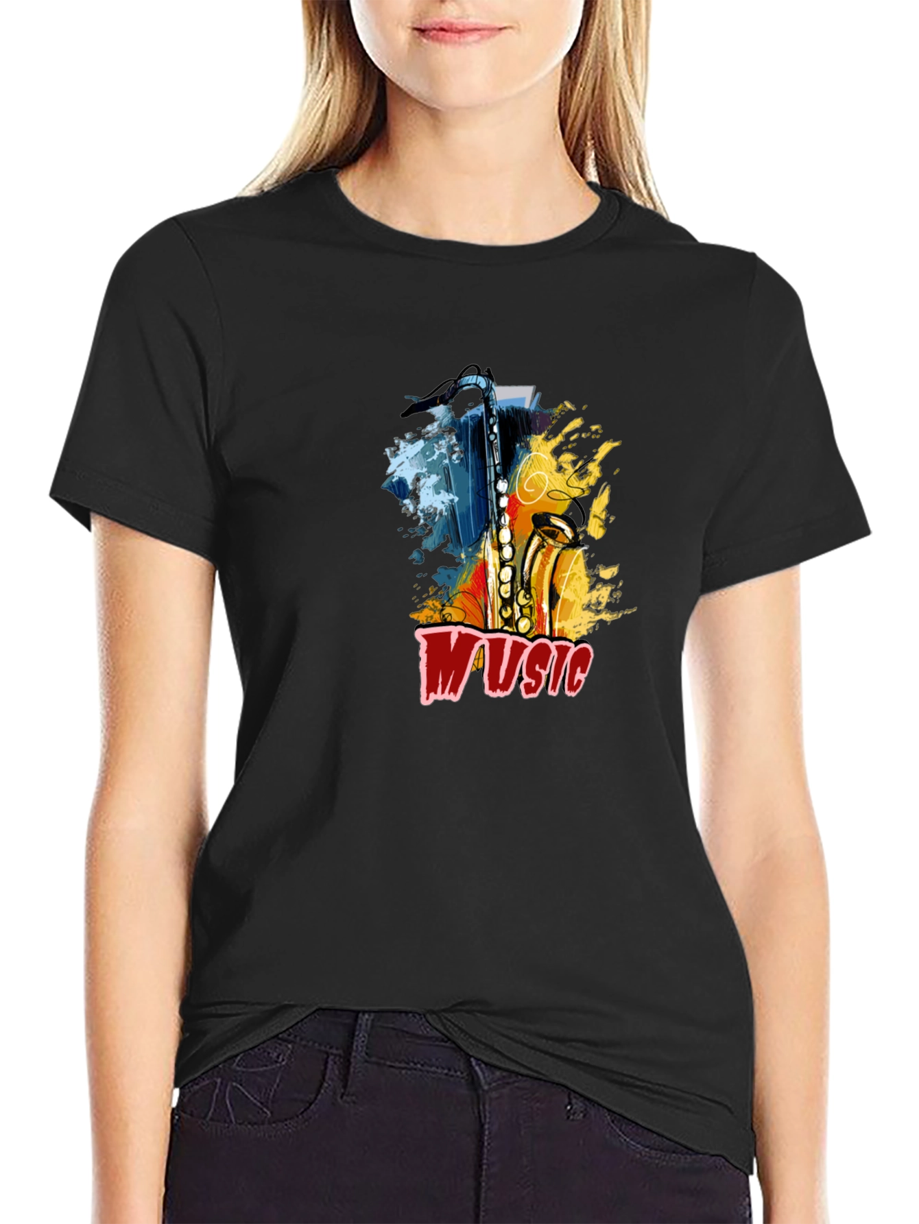 Saxophone Music Graphic Tee - Black Cotton T-Shirt