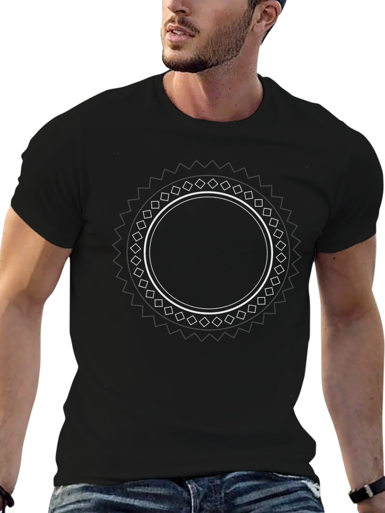 Black T-Shirt with Circular Geometric Design