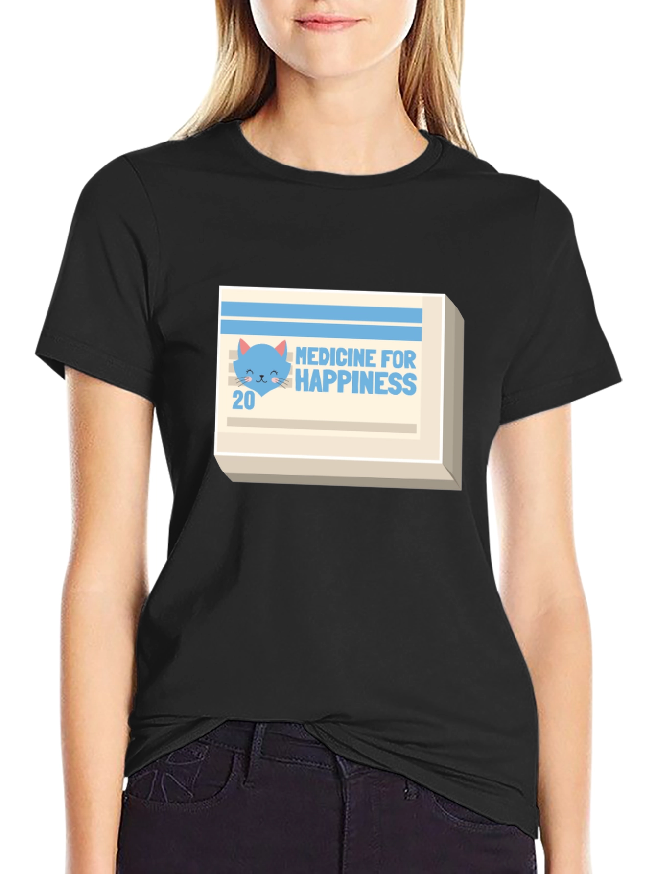 Medicine for Happiness T-Shirt - Cute Cat Design
