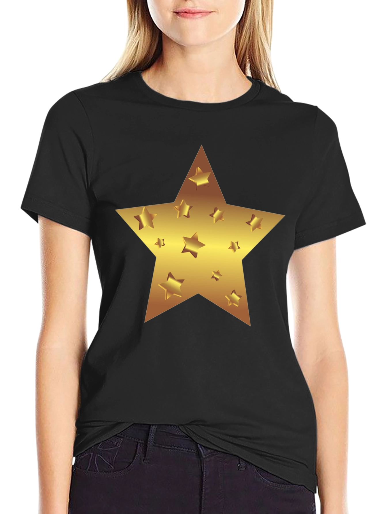 Gold Star Graphic Print Black T-Shirt