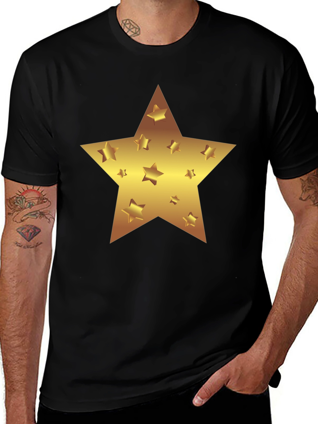 Gold Star Graphic Print Black T-Shirt