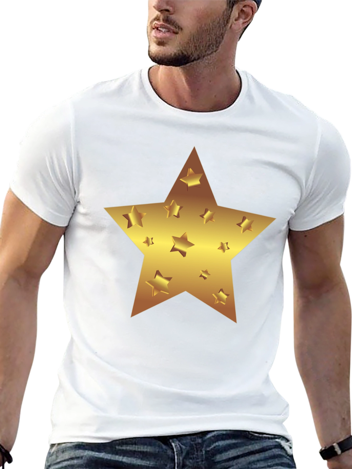 Gold Star Graphic Print Black T-Shirt
