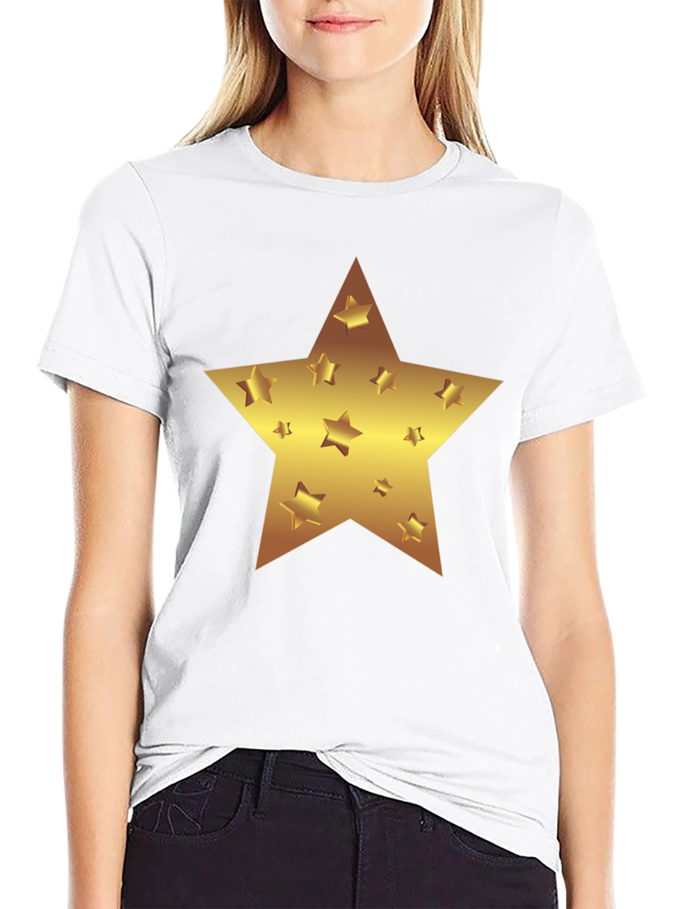 Gold Star Graphic Print Black T-Shirt