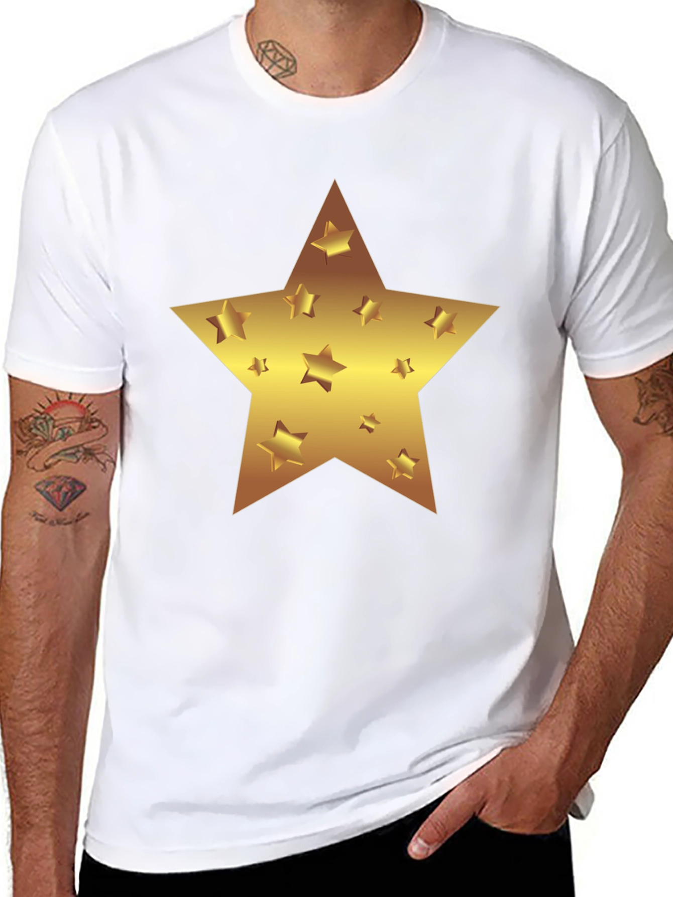 Gold Star Graphic Print Black T-Shirt