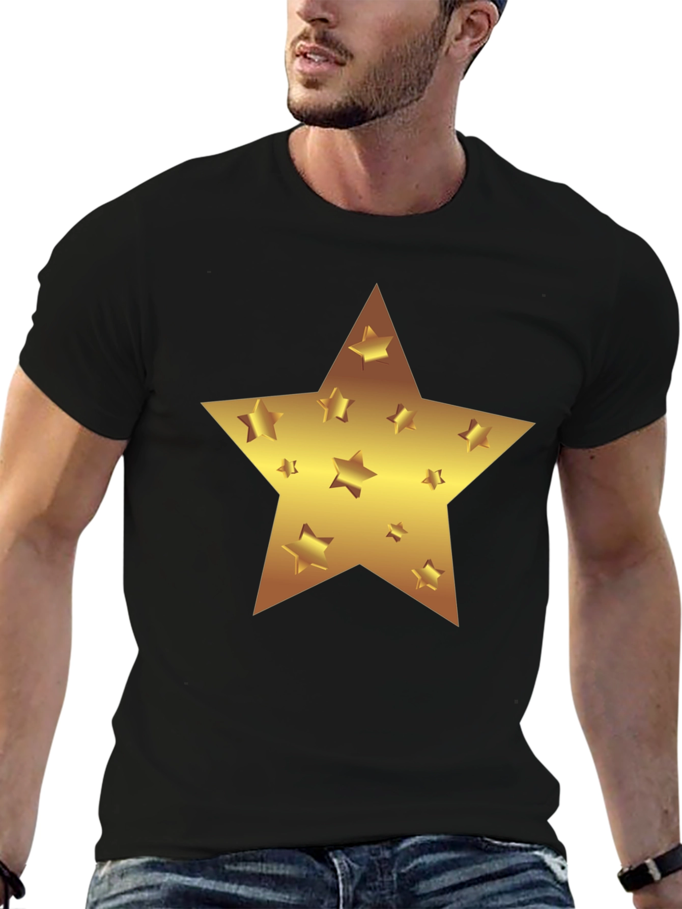 Gold Star Graphic Print Black T-Shirt