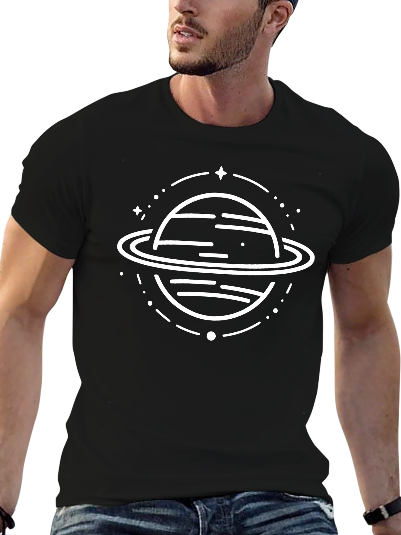 Mens Black T-Shirt with Planet Graphic