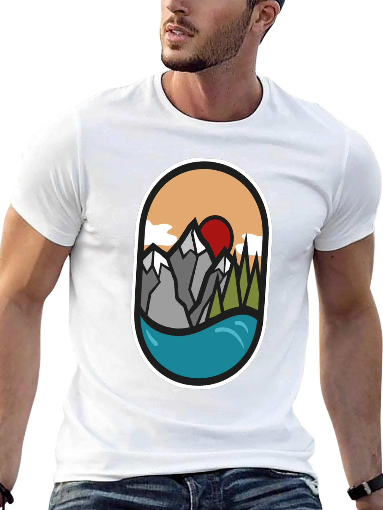 Nature Graphic Tee: Mountains Lake Sunrise Design