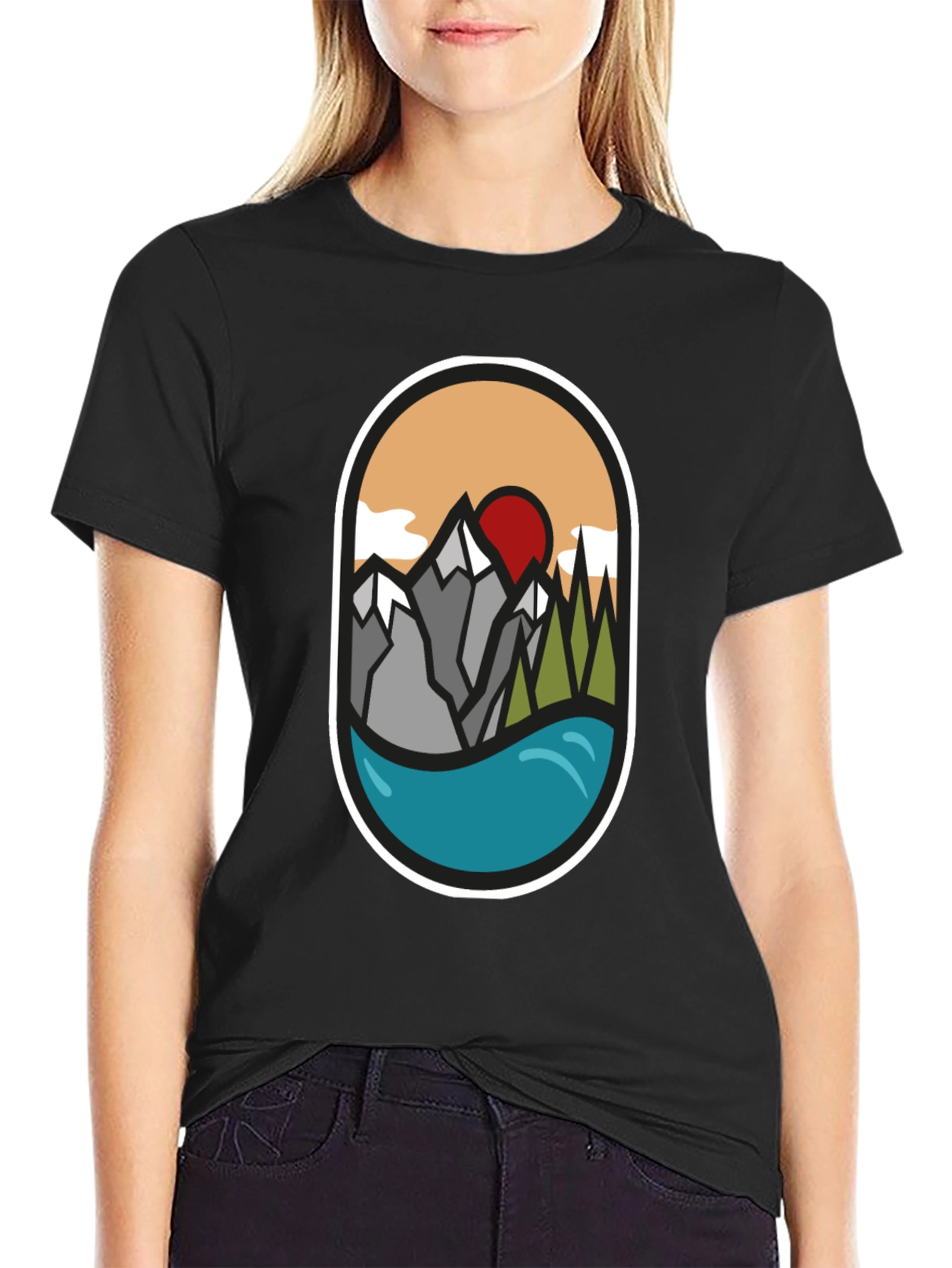 Nature Graphic Tee: Mountains Lake Sunrise Design