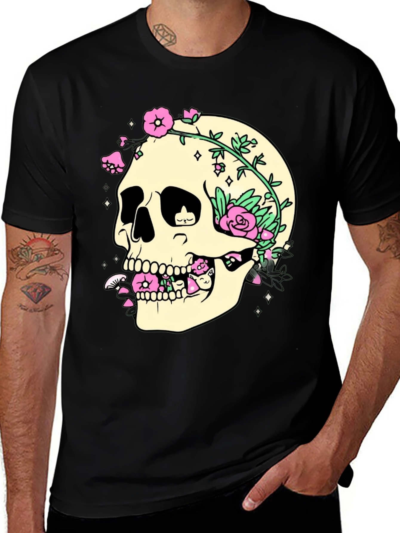 Skull & Flowers Graphic Print T-Shirt
