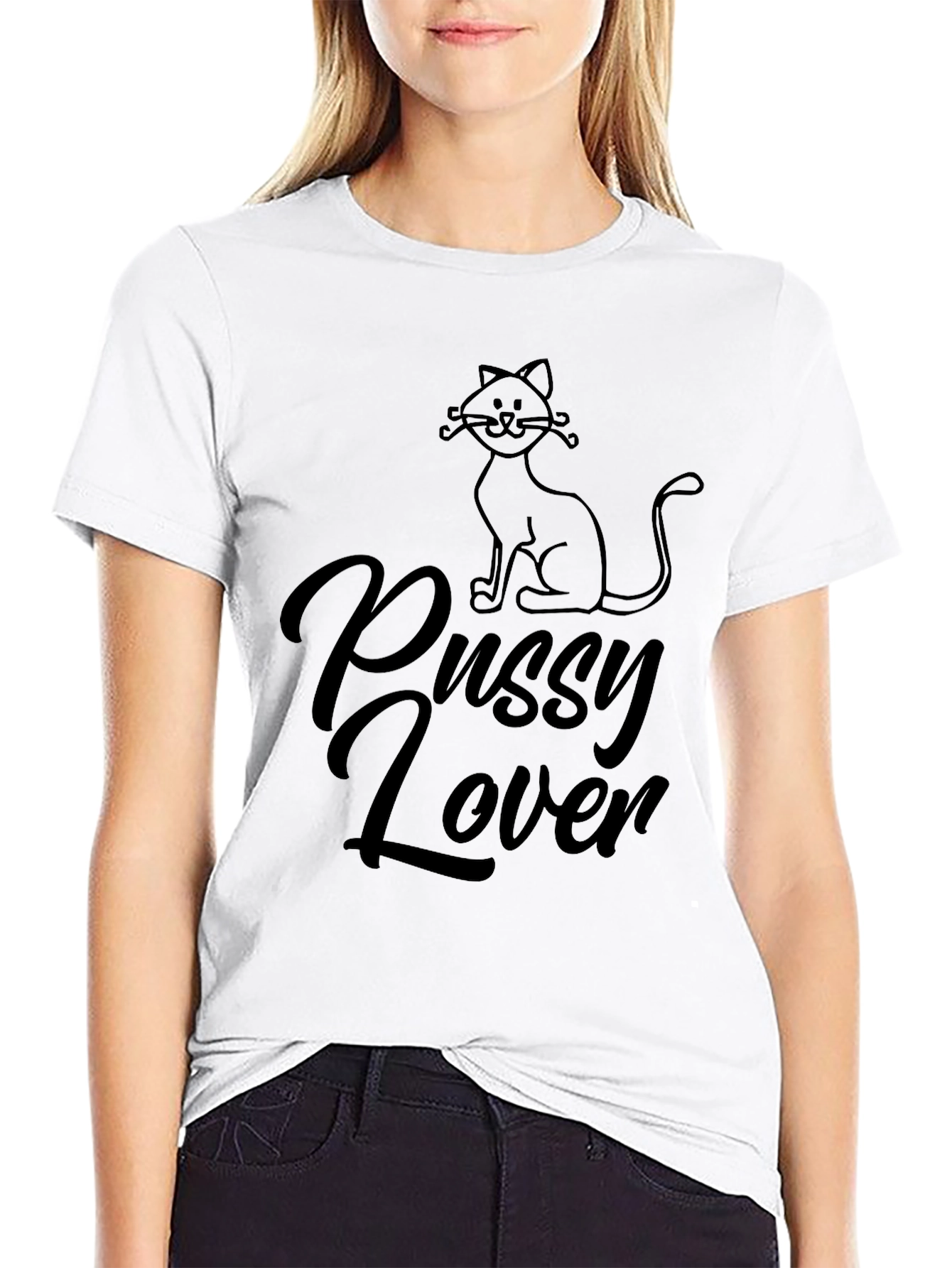 Pussy Lover Cat Graphic T-Shirt - Black