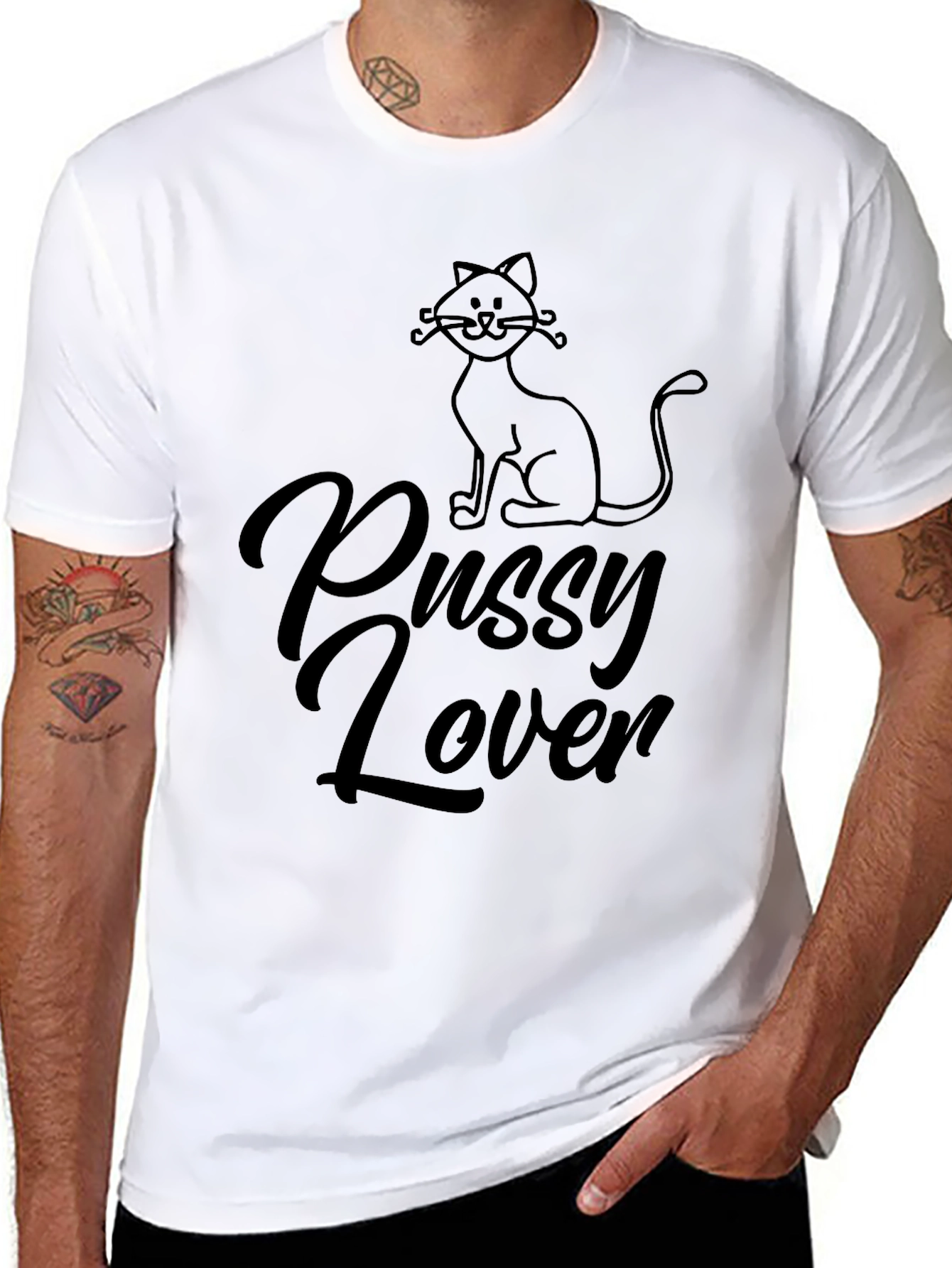 Pussy Lover Cat Graphic T-Shirt - Black