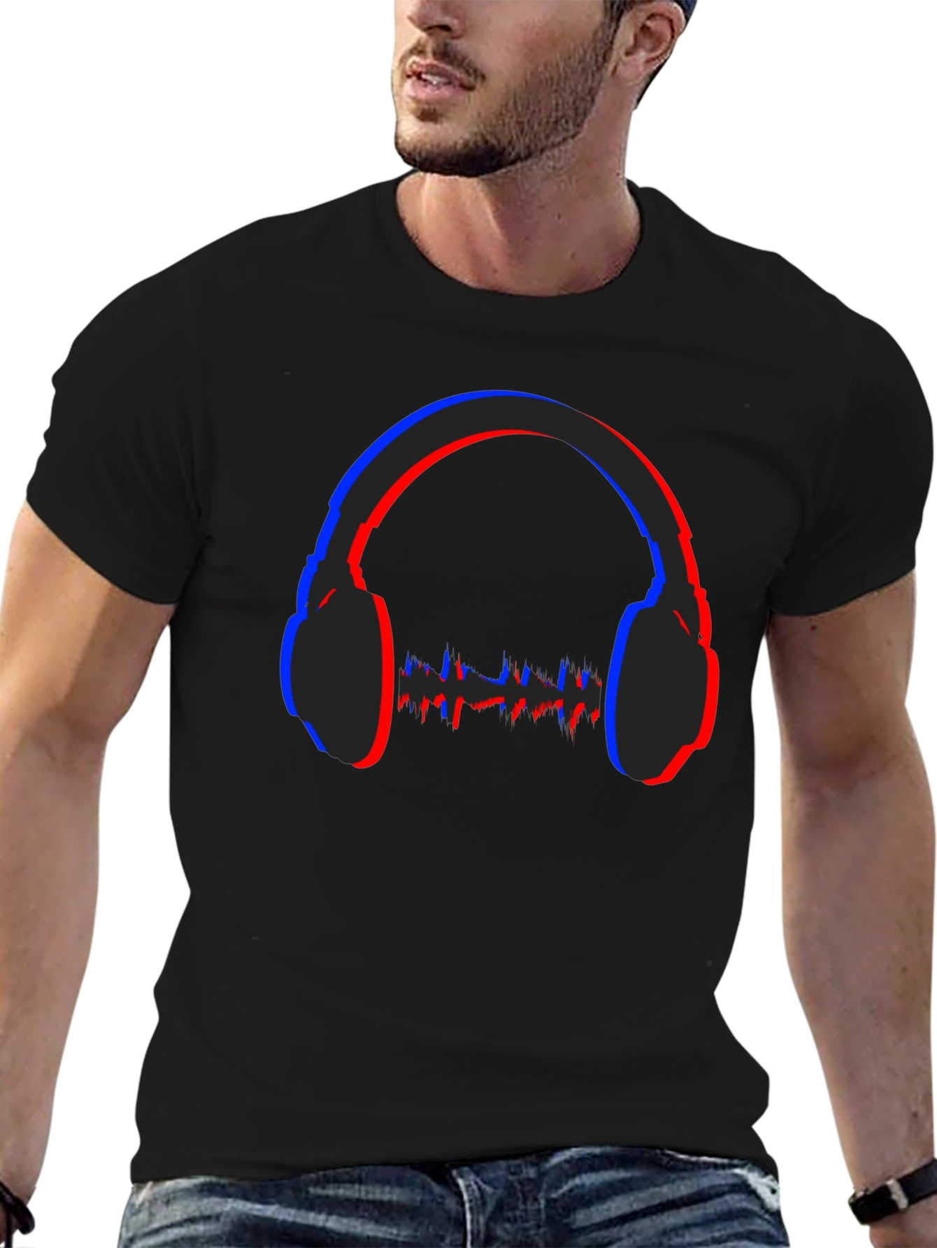 Stereoscopic Headphones Graphic Black T-Shirt