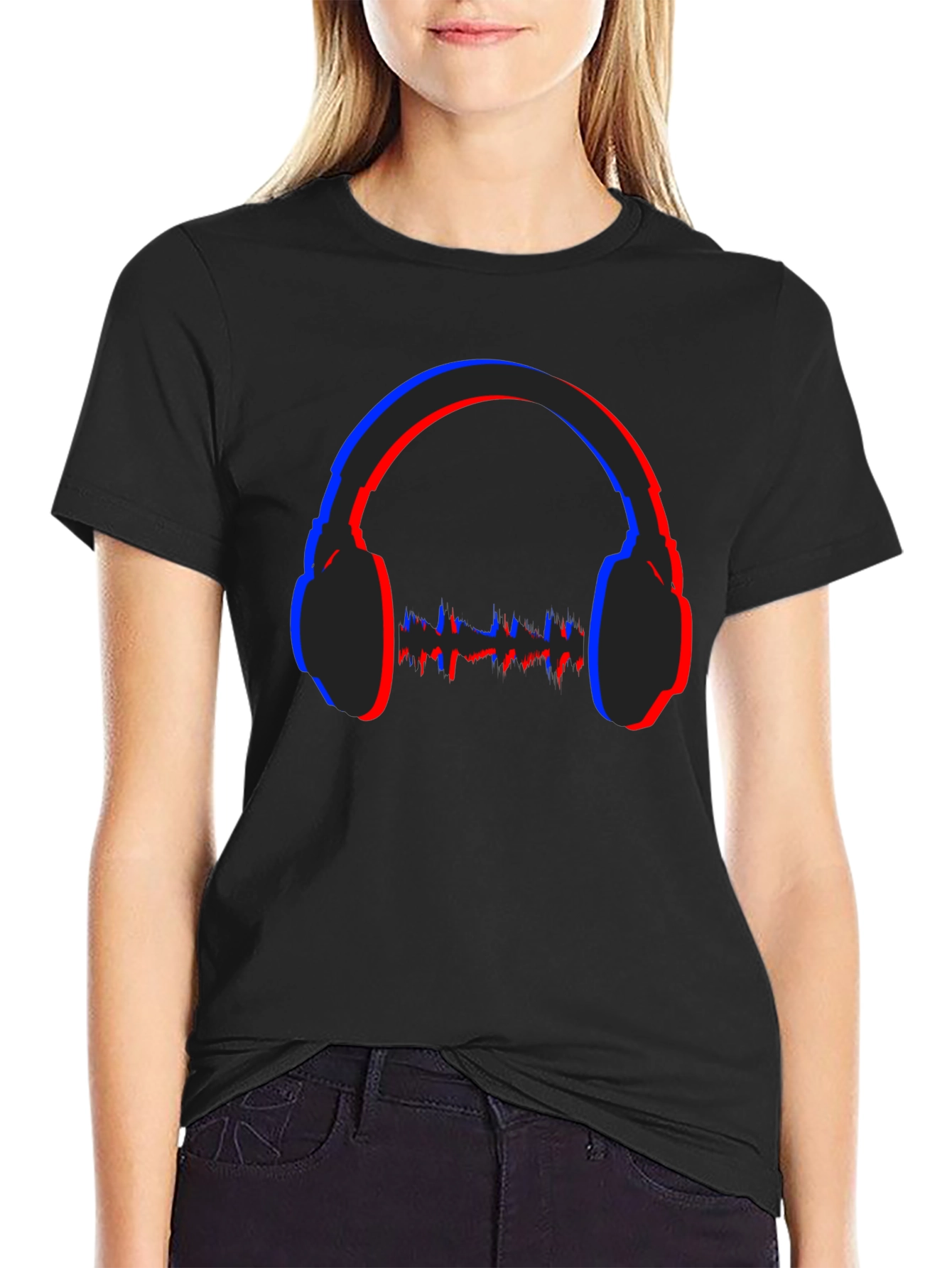 Stereoscopic Headphones Graphic Black T-Shirt