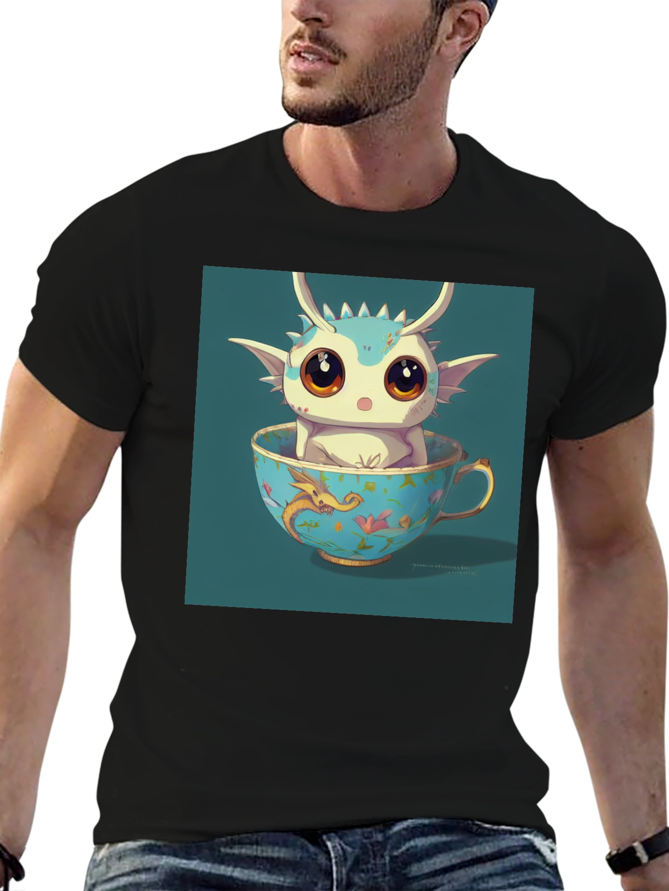 Cute Dragon in Teacup Graphic Tee - Black