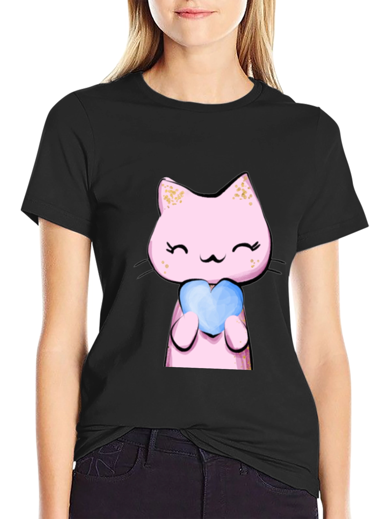 Cute Pink Cat Holding Heart T-Shirt