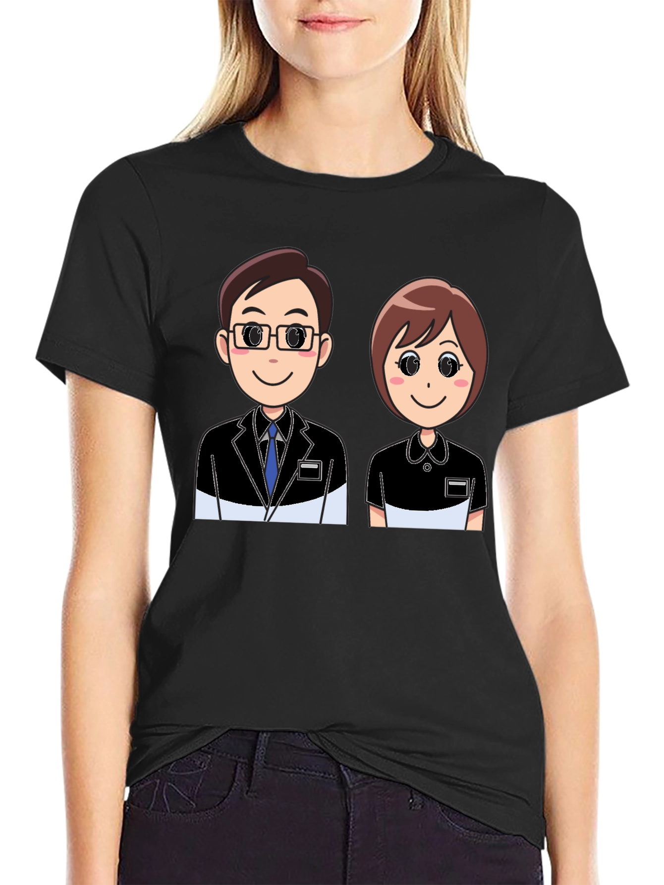 Cartoon Couple Graphic Black T-Shirt