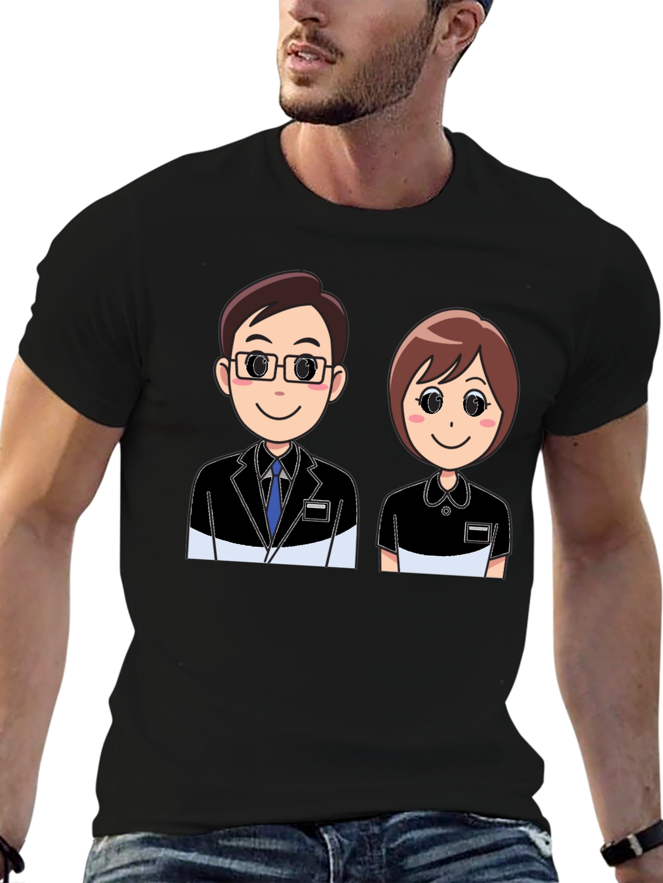Cartoon Couple Graphic Black T-Shirt