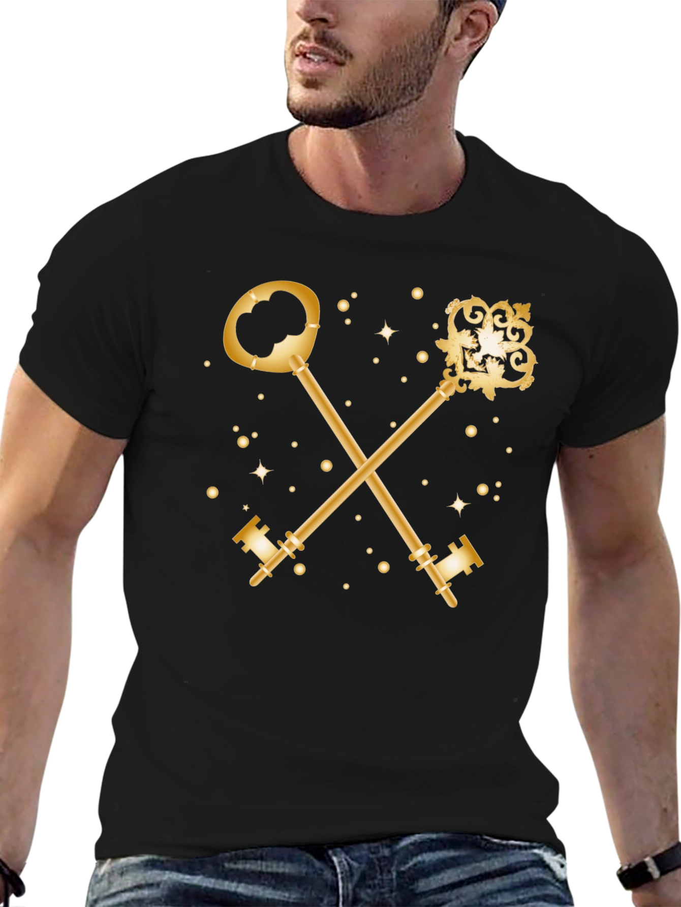 Gold Crossed Keys Graphic Black T-Shirt