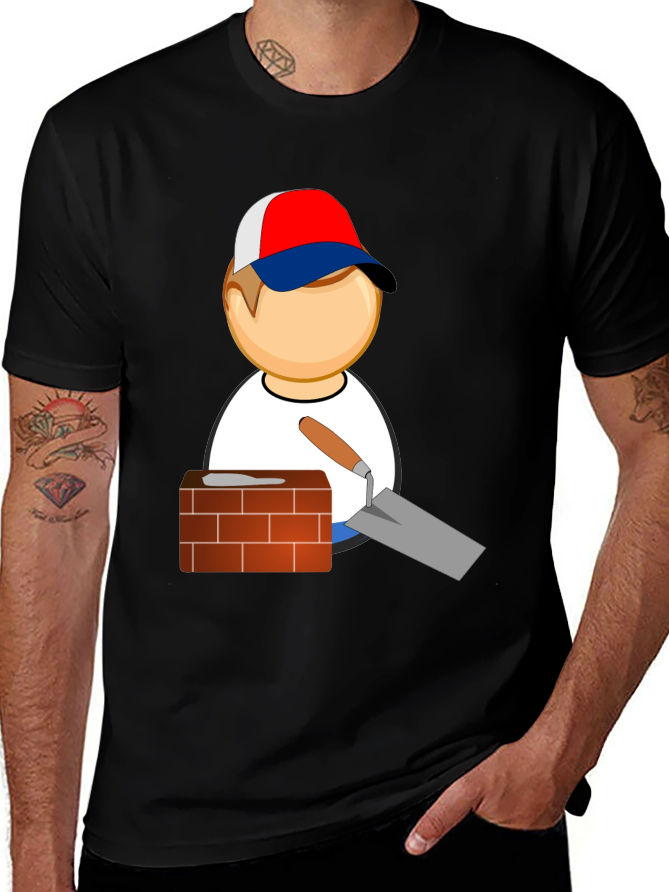 Bricklayer Cartoon Black T-Shirt