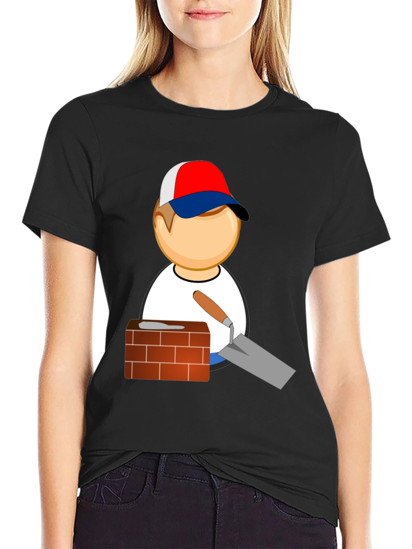 Bricklayer Cartoon Black T-Shirt