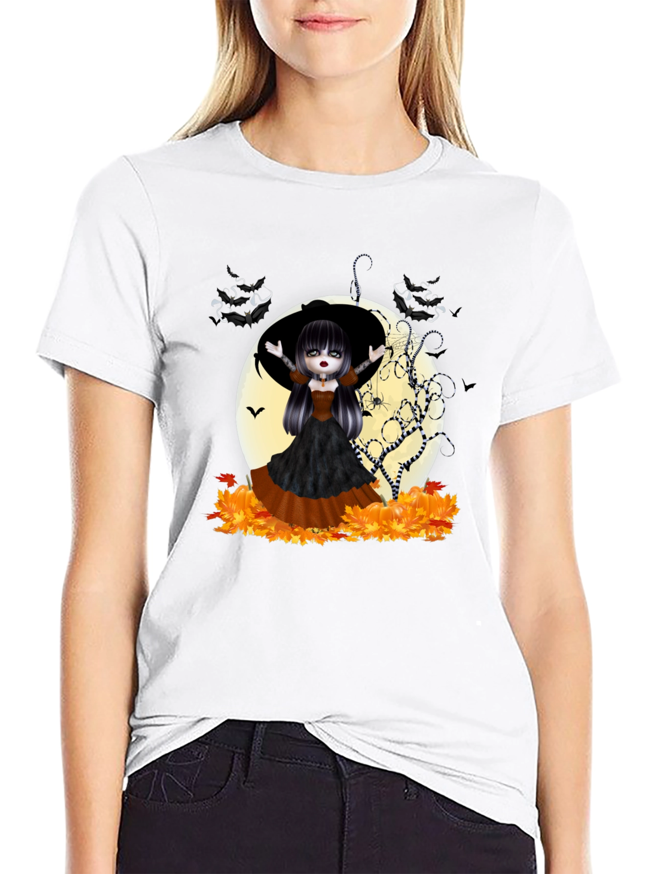 Halloween Witch Girl Graphic Tee - Black