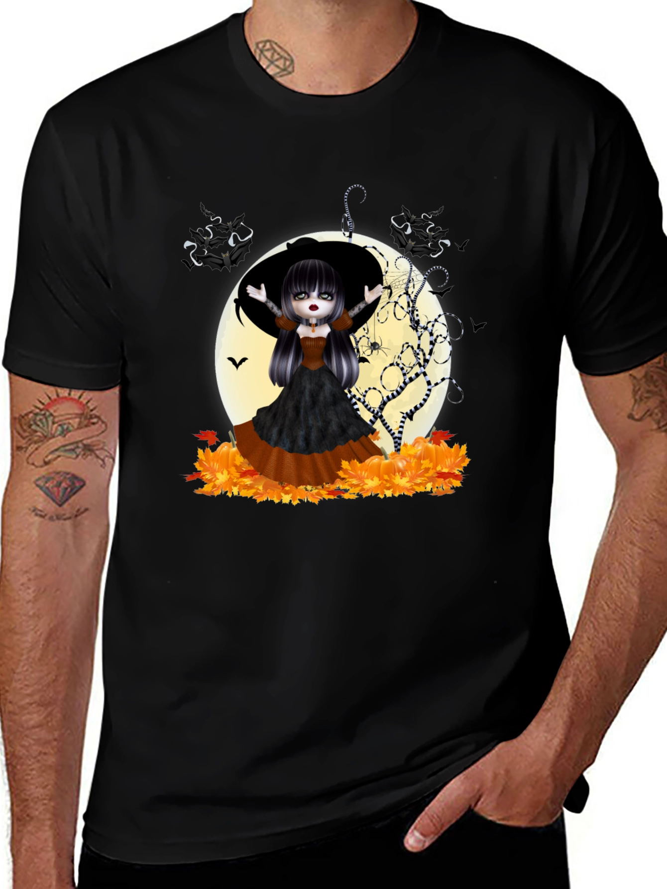 Halloween Witch Girl Graphic Tee - Black