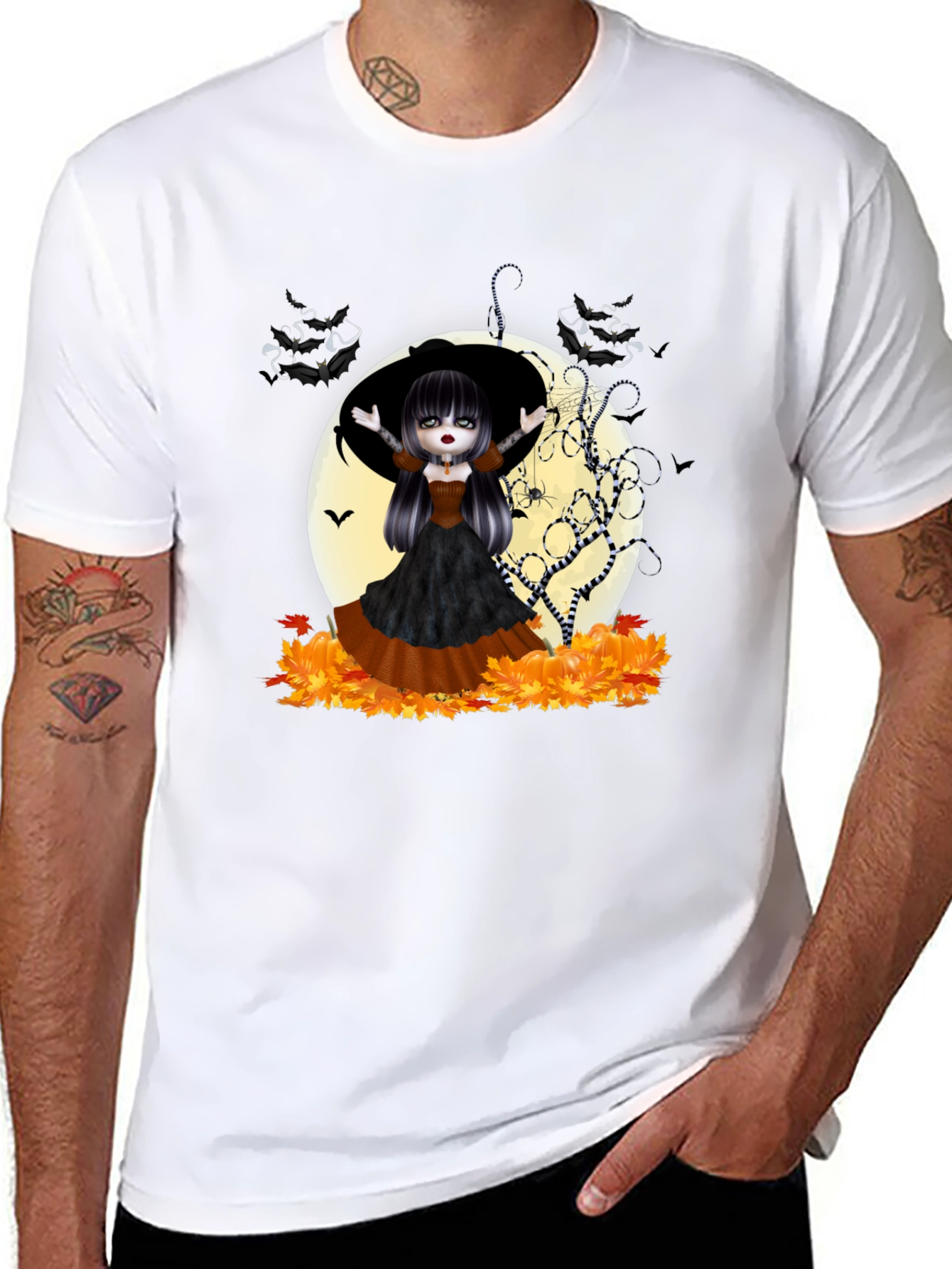Halloween Witch Girl Graphic Tee - Black