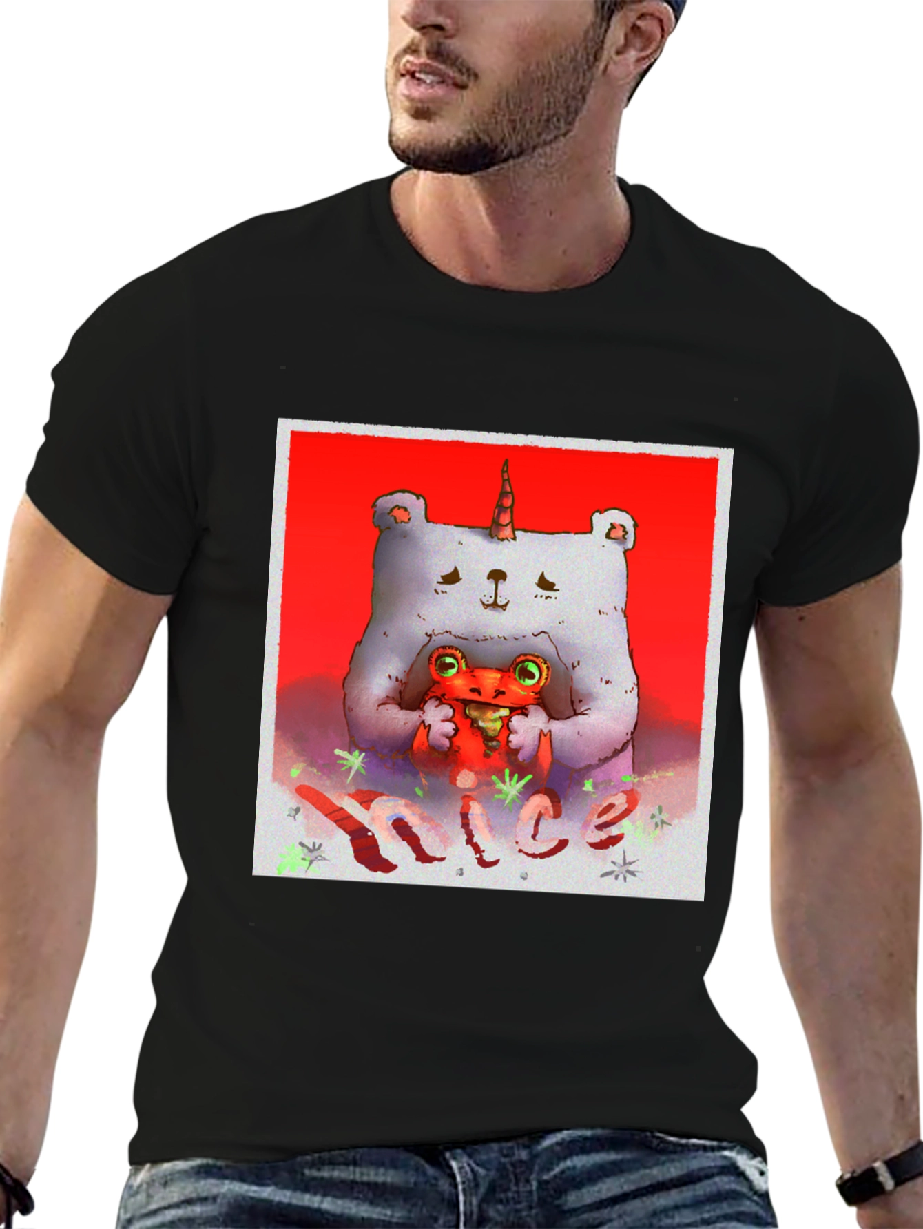 Unicorn Bear Hugging Creature Black Tee