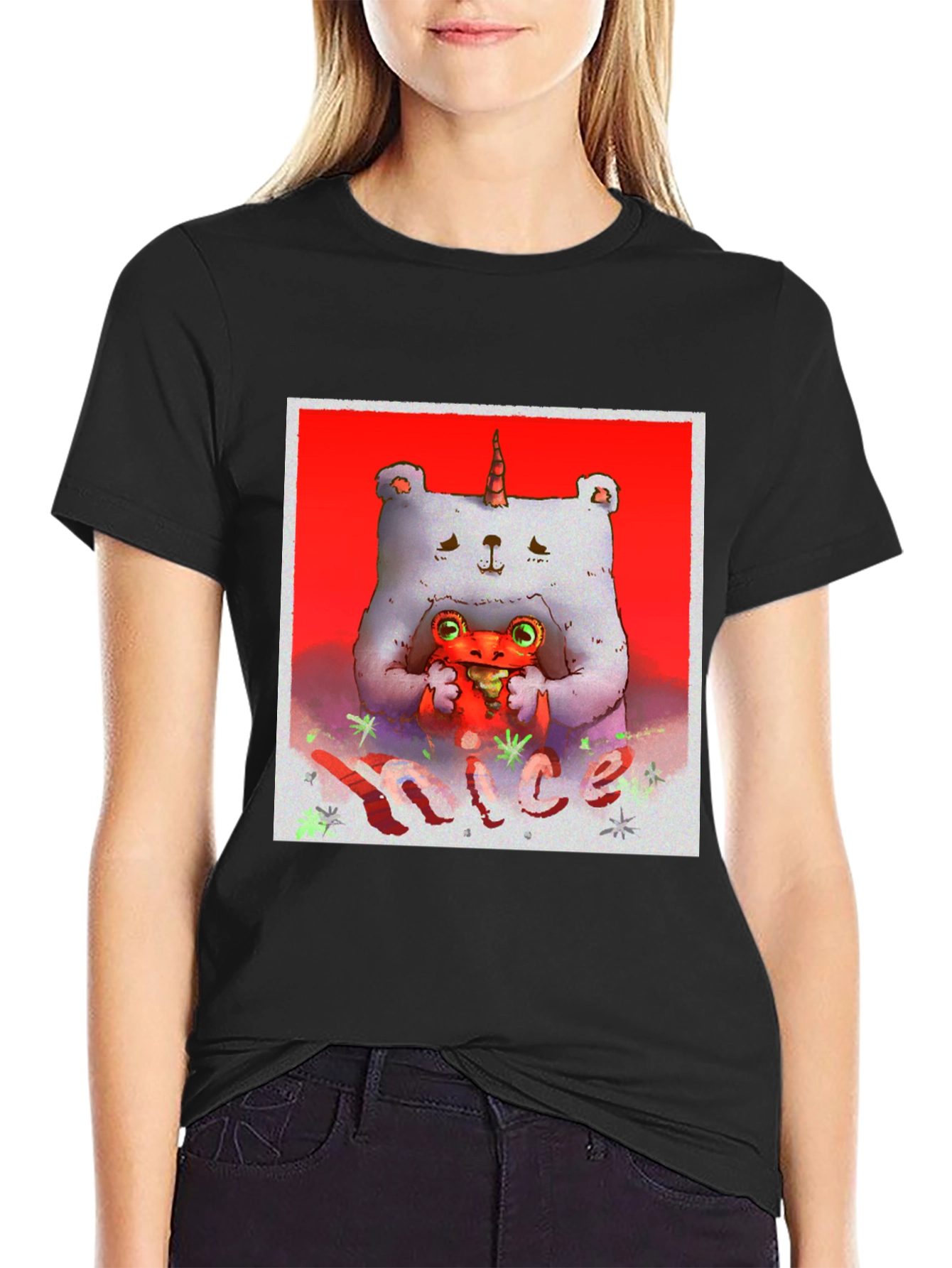 Unicorn Bear Hugging Creature Black Tee