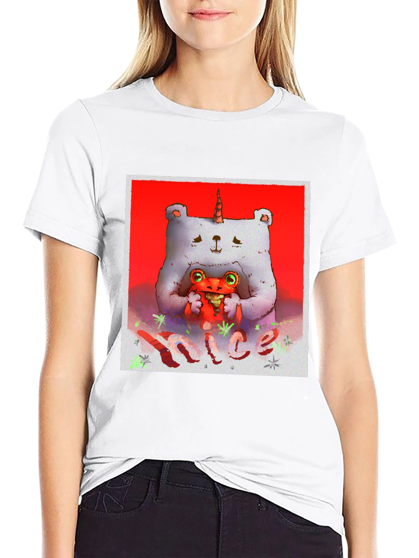 Unicorn Bear Hugging Creature Black Tee