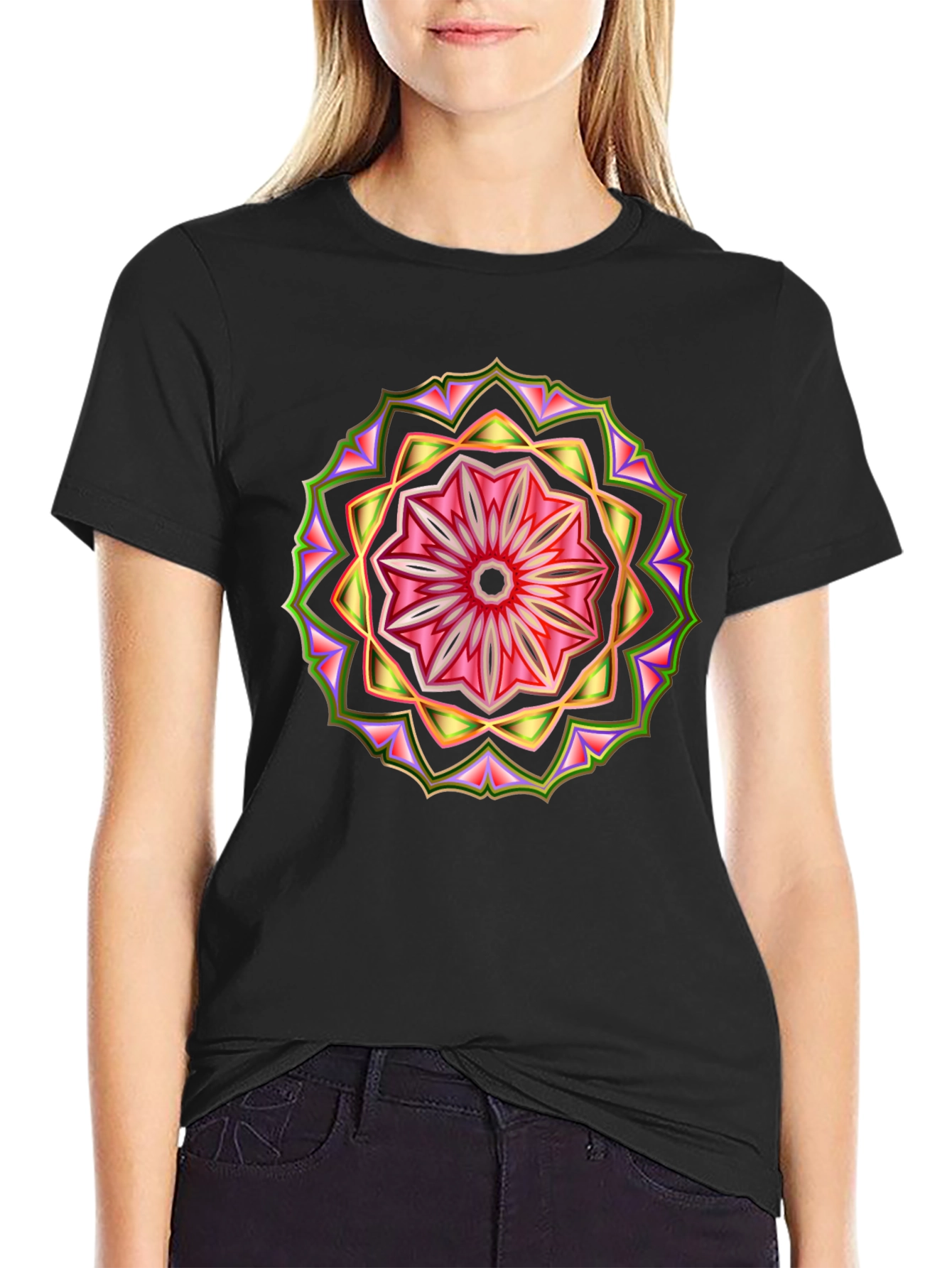 Geometric Mandala Print Black T-Shirt