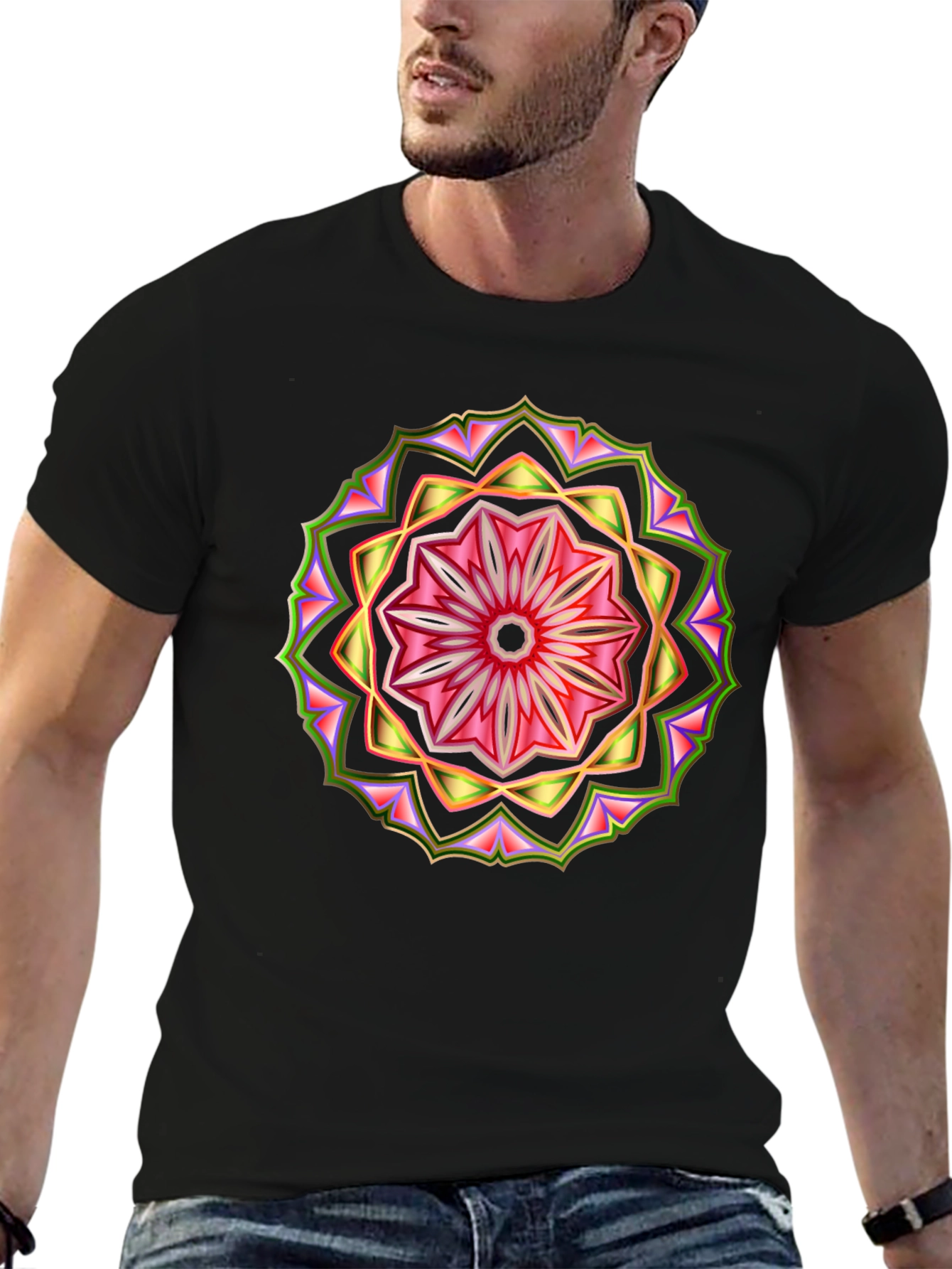 Geometric Mandala Print Black T-Shirt
