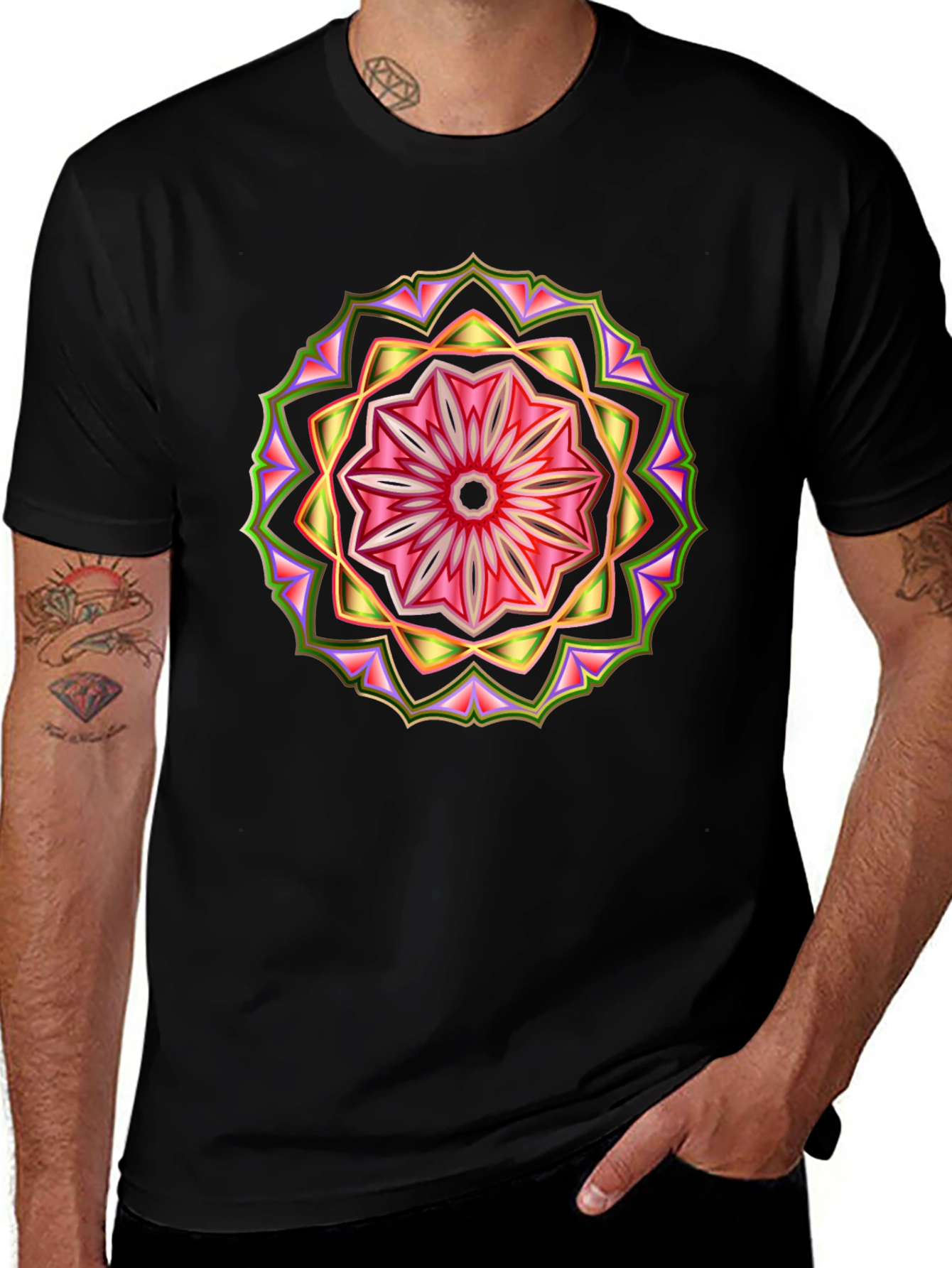 Geometric Mandala Print Black T-Shirt