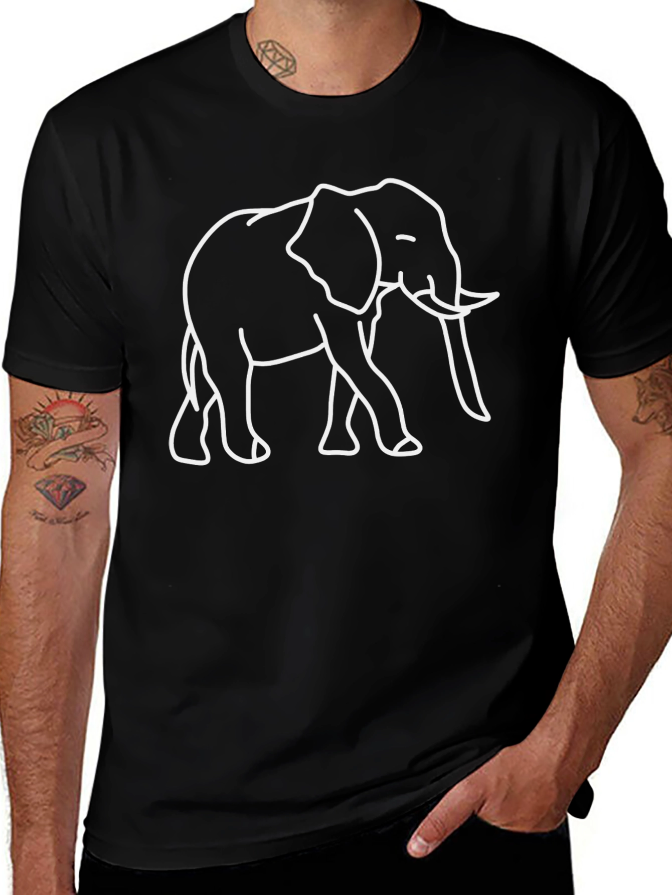 Elephant Outline Graphic Tee - Black Cotton Casual Shirt
